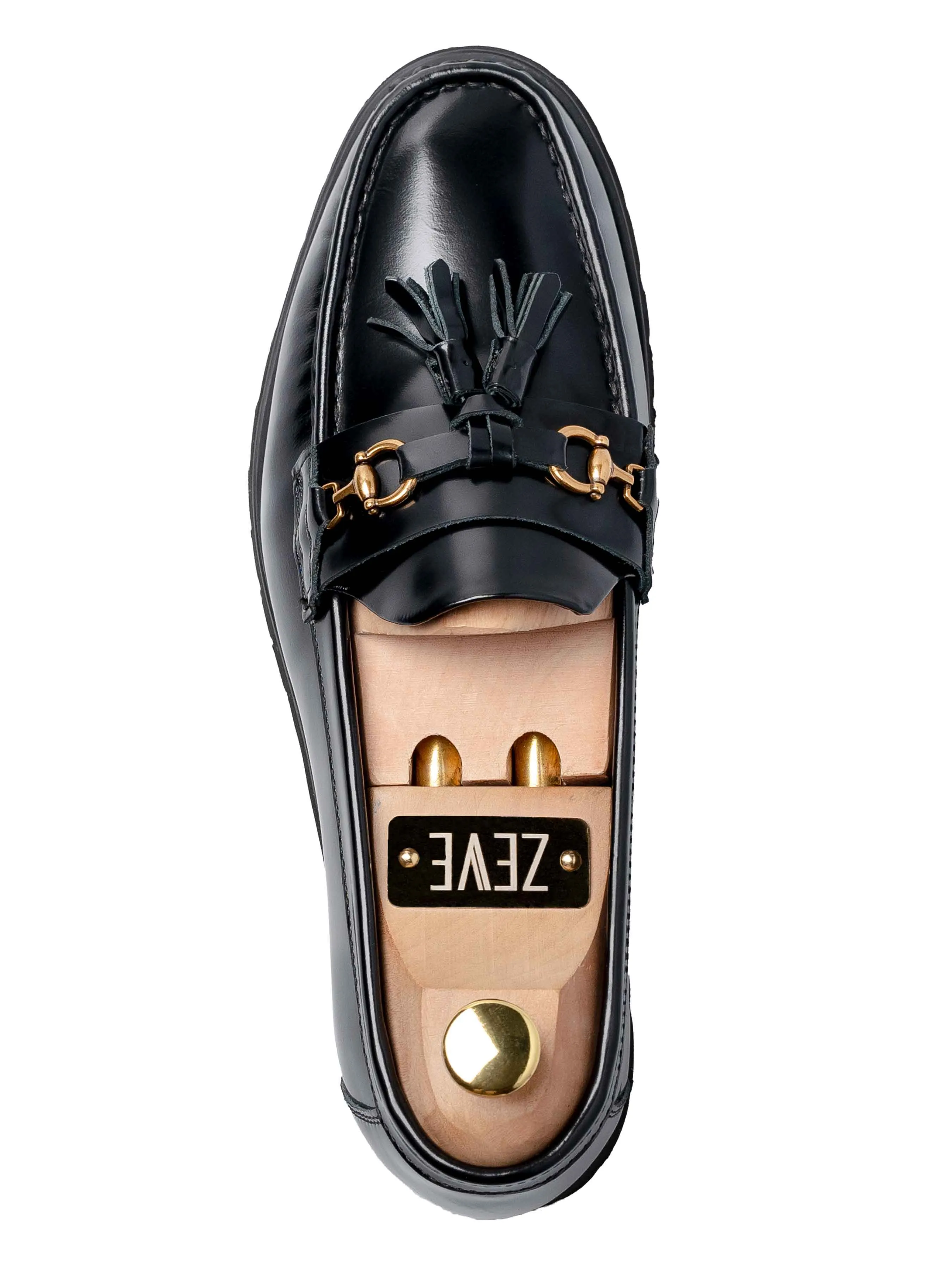 Durable Fit Tassel Moccasin Buckle Loafer - Black Patent Leather (Eva Combat)