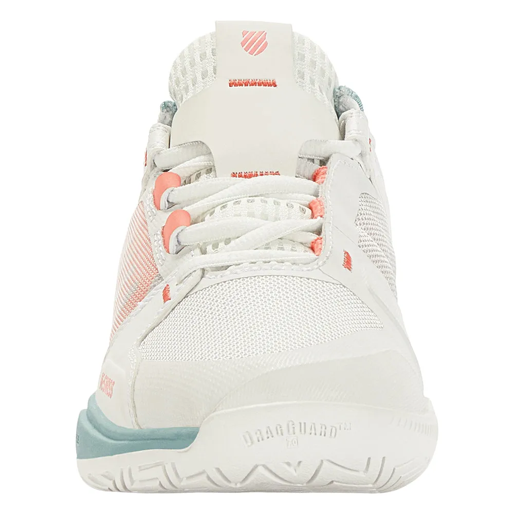 Ventilated Sides K-Swiss Ultrashot Team Tennis Shoes (Ladies) - Blanc/Nile Blue/Desert Flower