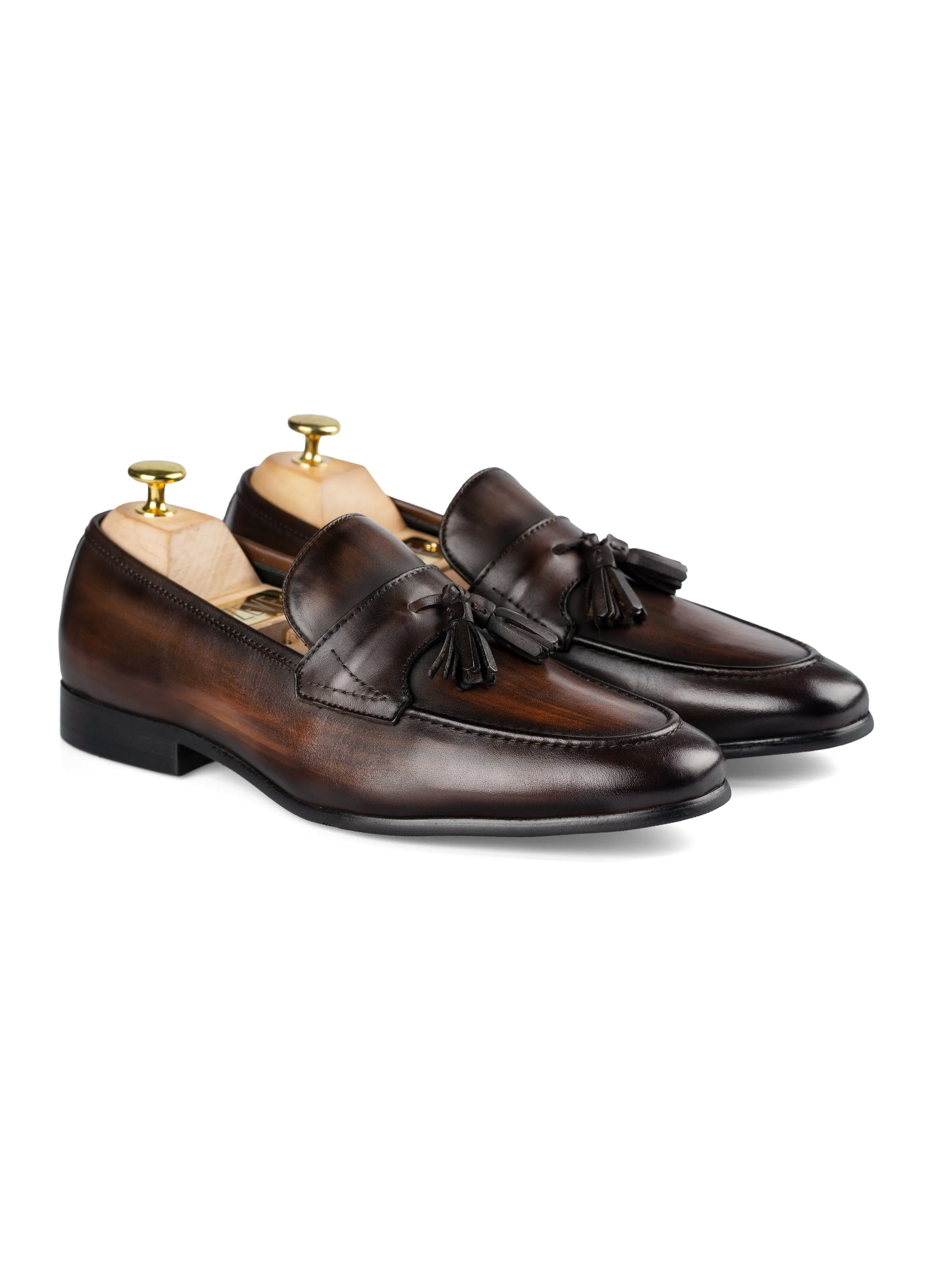 Tassel Loafer Wing Strap - Dark Brown (Hand Painted Patina) Featherlight Feel