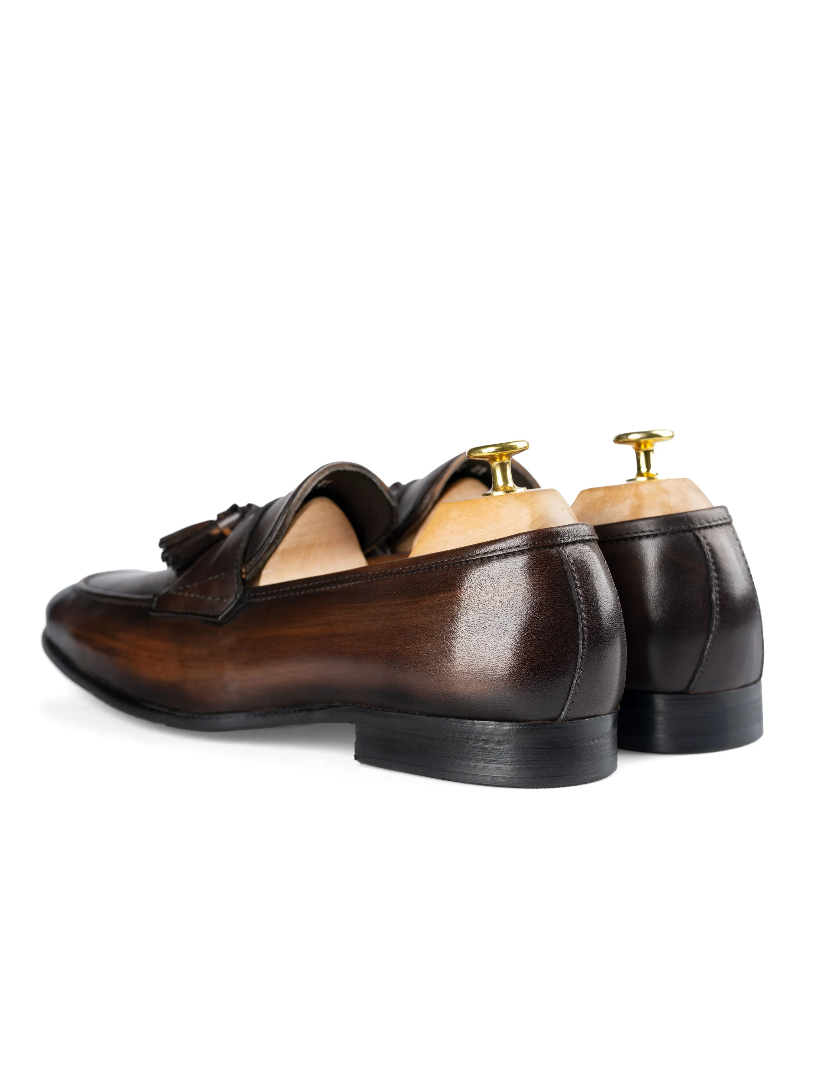 Tassel Loafer Wing Strap - Dark Brown (Hand Painted Patina) Way Open Elegant Look
