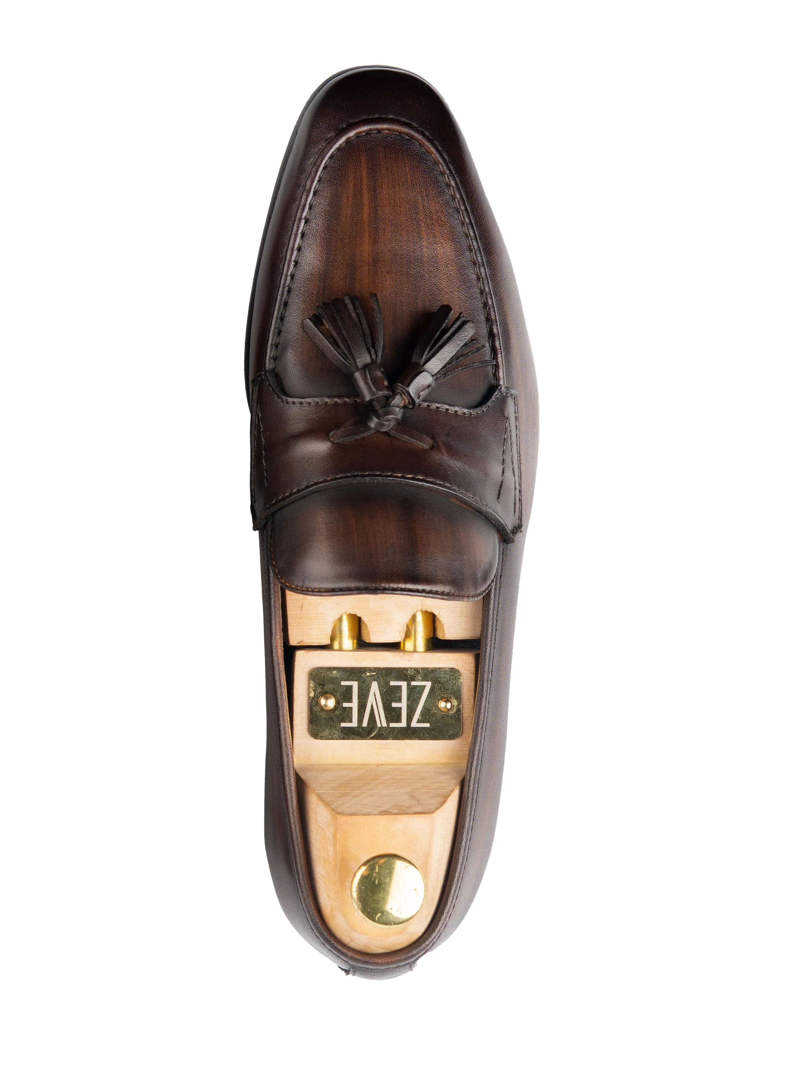 Music Lane Versatile Footwear Tassel Loafer Wing Strap - Dark Brown (Hand Painted Patina)