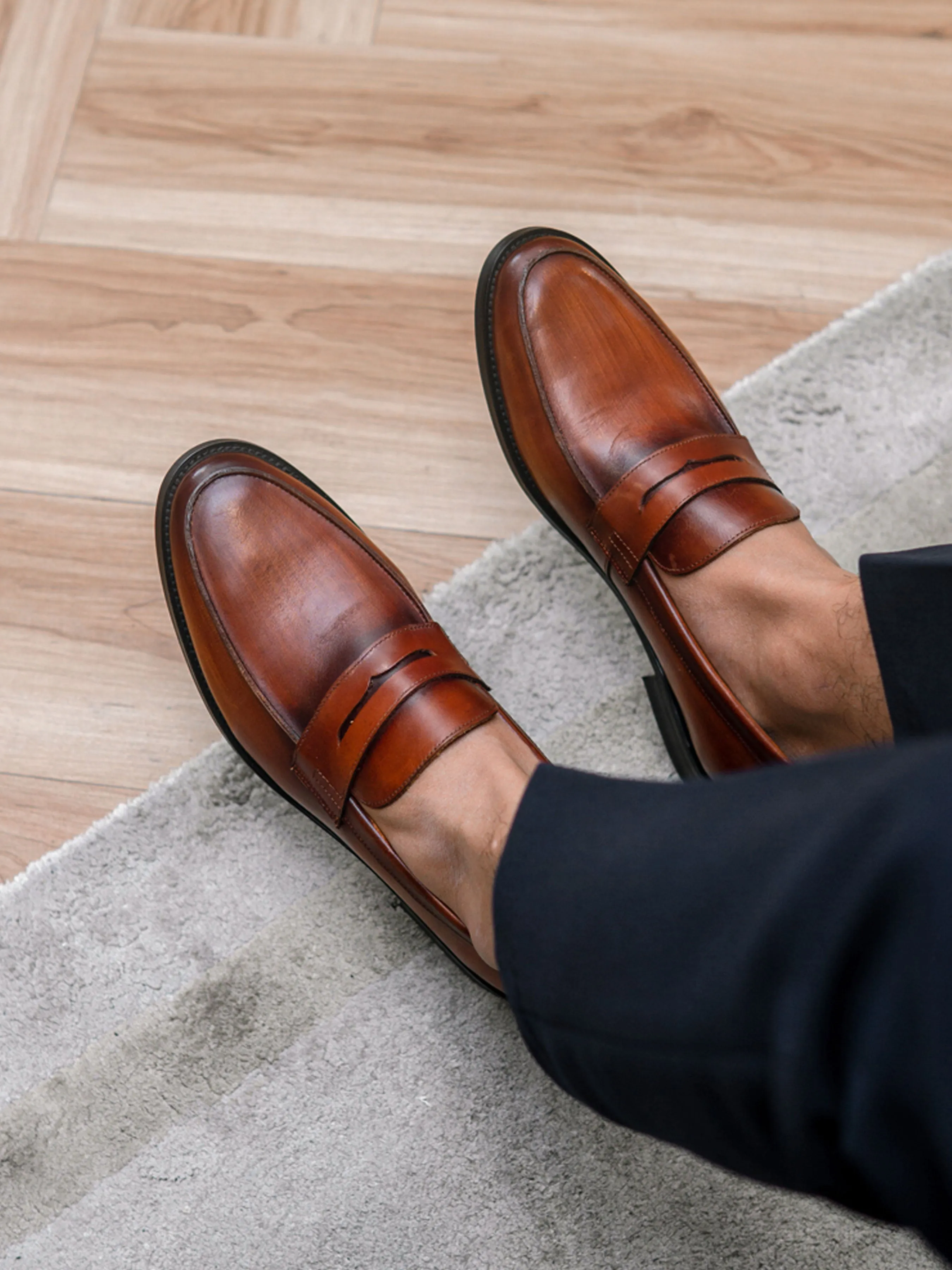 Penny Loafer - Cognac Tan (Hand Painted Patina) Timeless Style