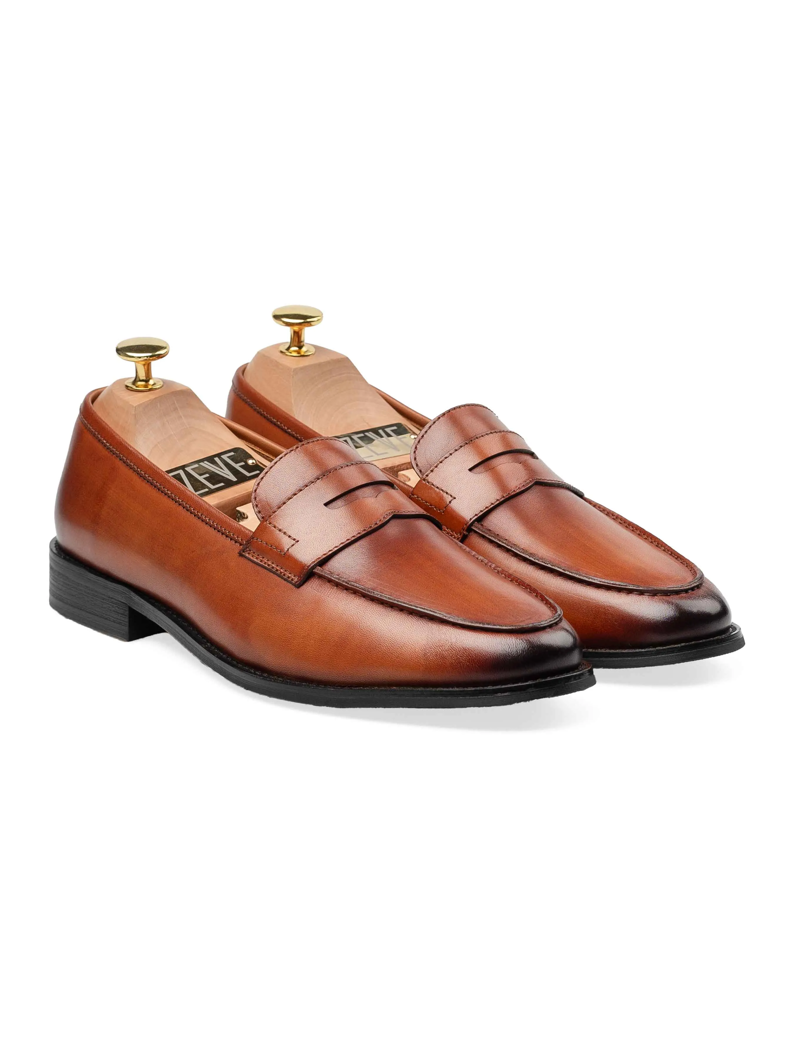 Fair View Elastic Insert Penny Loafer - Cognac Tan (Hand Painted Patina)