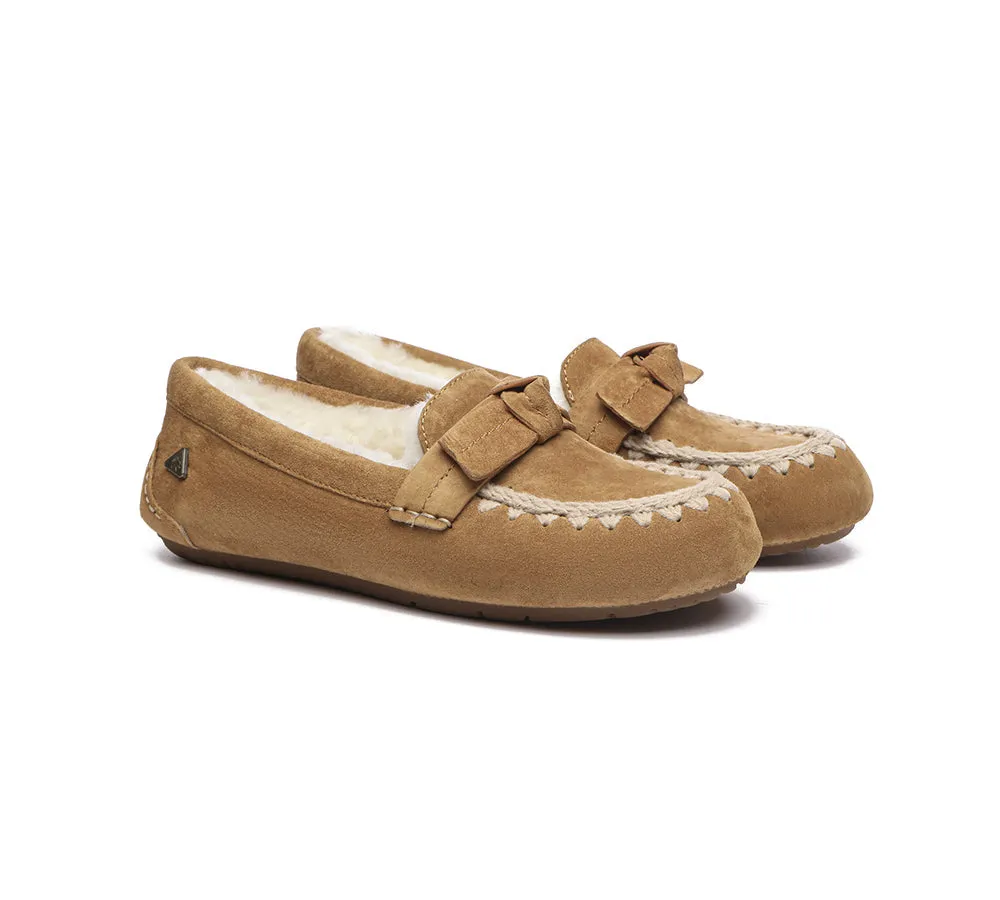 EVERAU? UGG Slippers Women Sheepskin Wool Bow Ankle Woven Moccasins Step In Fit