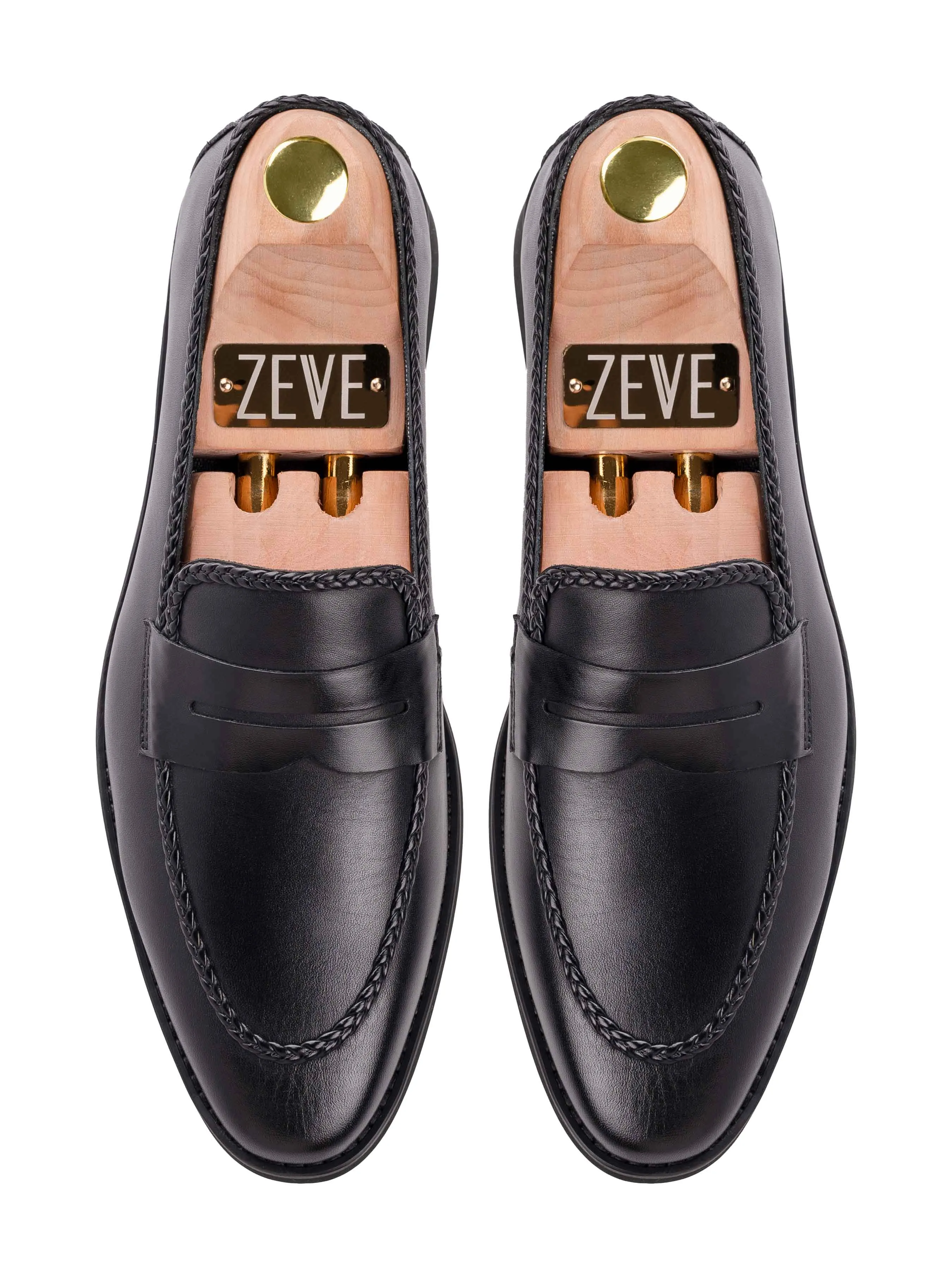 Braided Penny Loafer - Solid Black (Crepe Sole) Patina Effect wide feet