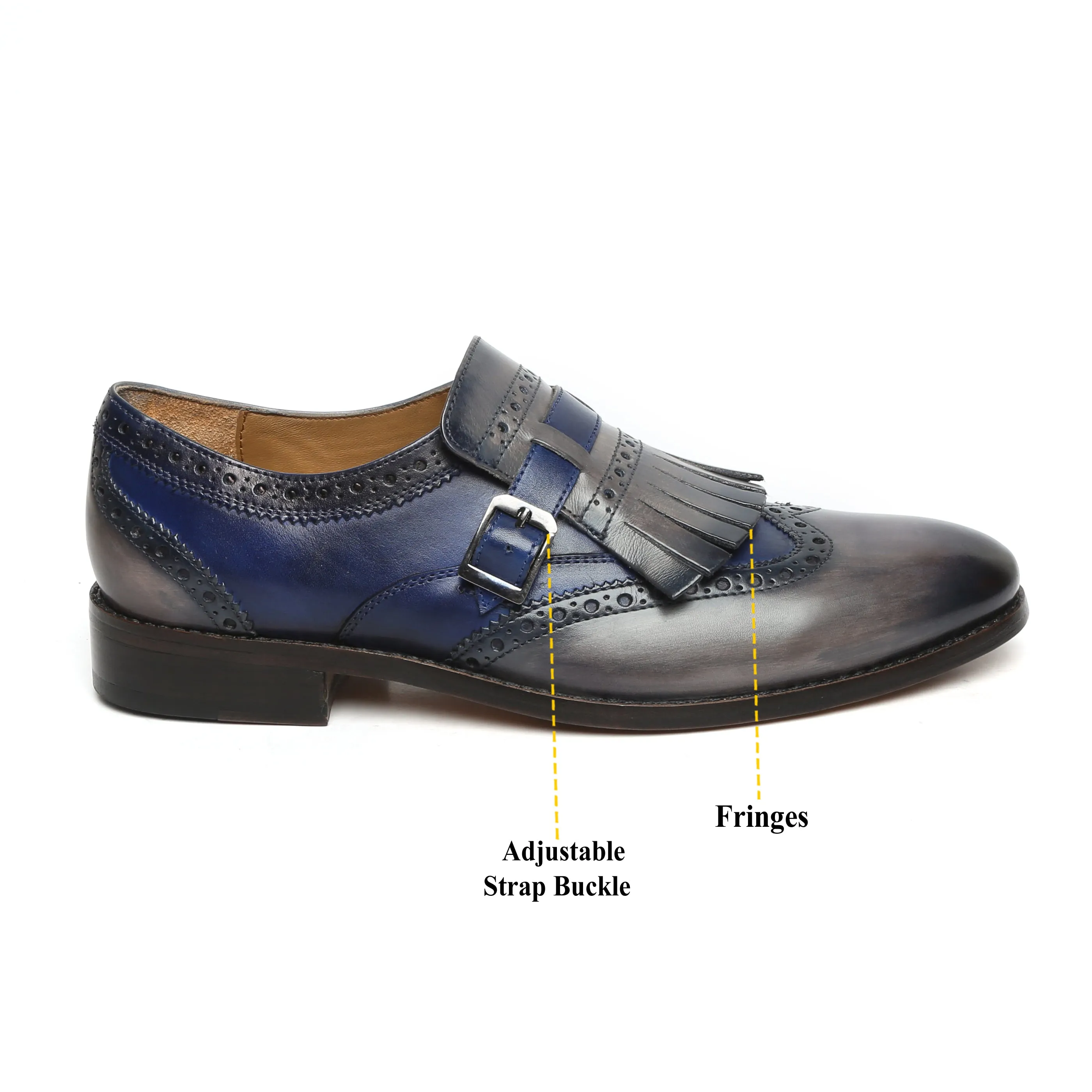 Refined Style Blue/Grey Leather Fringed Single Monk Strap Shoes By Brune & Bareskin