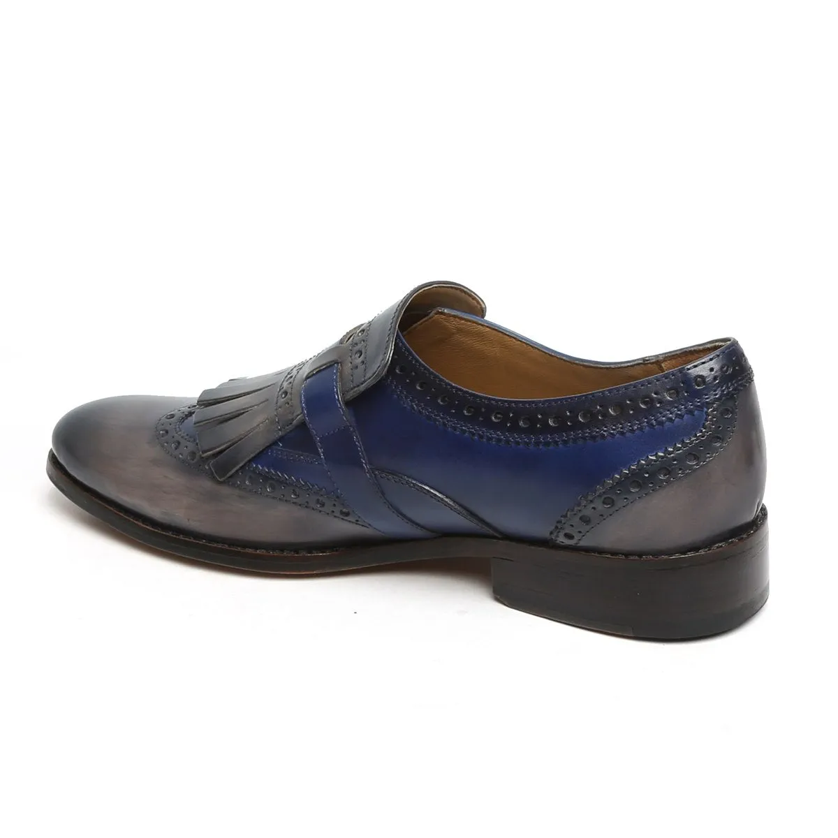 Blue/Grey Leather Fringed Single Monk Strap Shoes By Brune & Bareskin Quick Drying