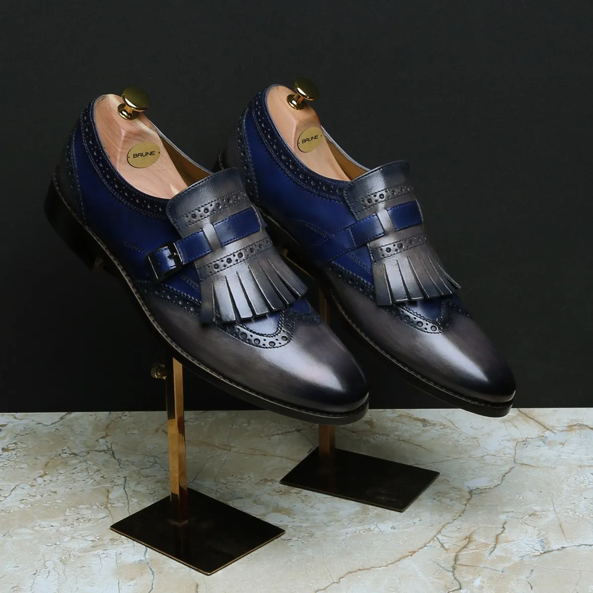 Blue/Grey Leather Fringed Single Monk Strap Shoes By Brune & Bareskin Rain Resistant