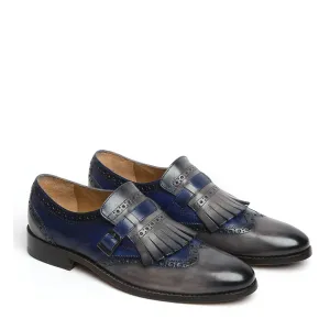 Blue/Grey Leather Fringed Single Monk Strap Shoes By Brune & Bareskin Modern Luxury