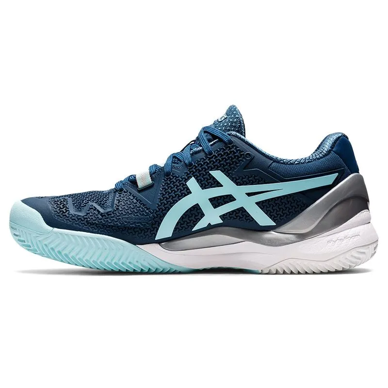 Asics Women`s GEL-Resolution 8 CLAY Tennis Shoes Light Indigo and Clear Blue Ventilated Garden Mood