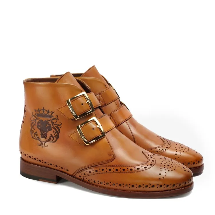 quick dry Neutral Hue Tan Double Monk Strap Lion Detailing Leather Boots by Brune & Bareskin