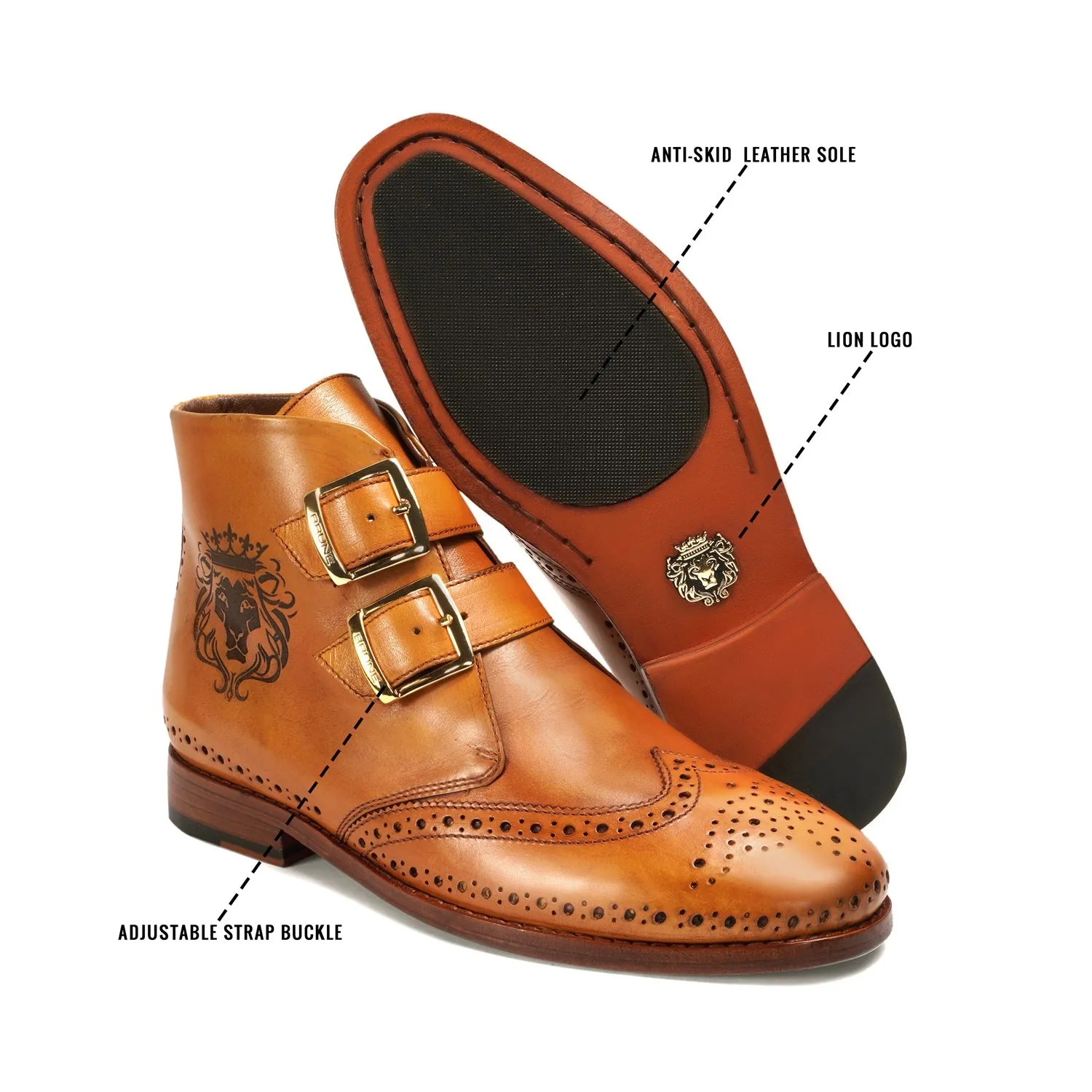 Designer Label Tan Double Monk Strap Lion Detailing Leather Boots by Brune & Bareskin