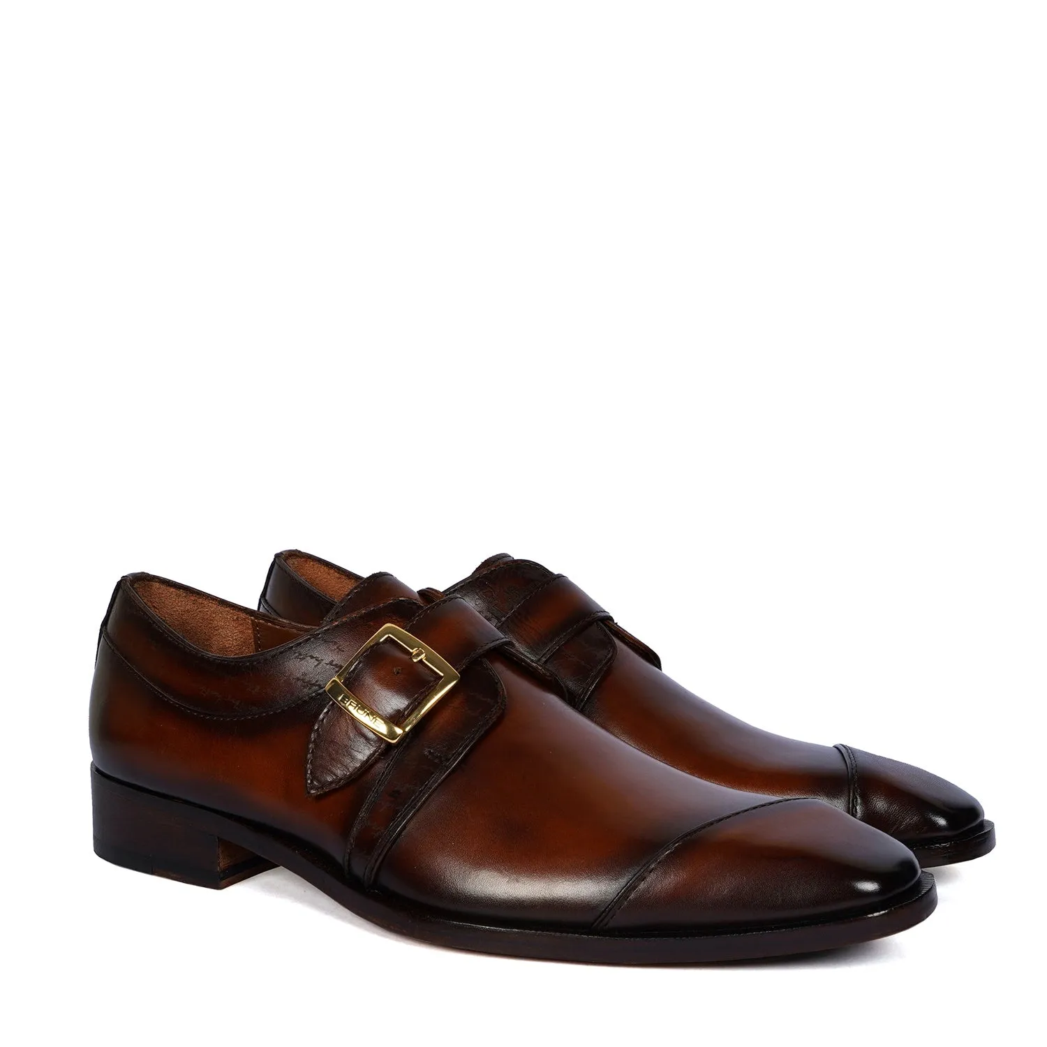 Grab Fit All Night Single Monk Formal Shoes in Espresso Leather Slant Cap Toe Laser Engraved Top Line By Brune & Bareskin