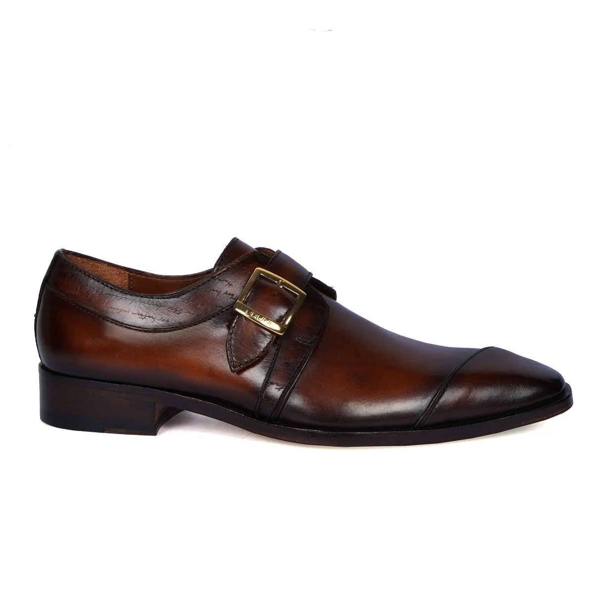 Evening Formal Single Monk Formal Shoes in Espresso Leather Slant Cap Toe Laser Engraved Top Line By Brune & Bareskin