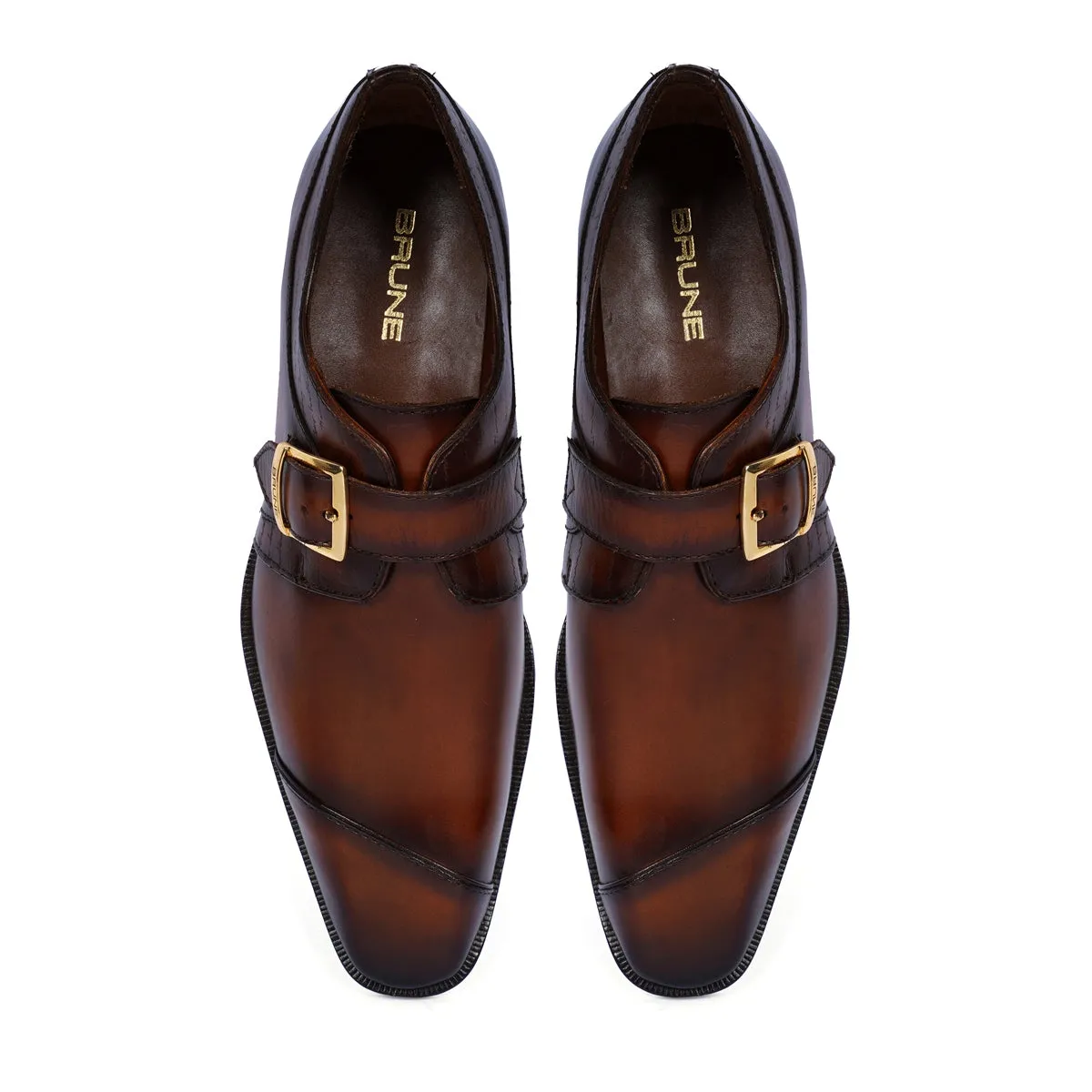 Single Monk Formal Shoes in Espresso Leather Slant Cap Toe Laser Engraved Top Line By Brune & Bareskin Camera Shade