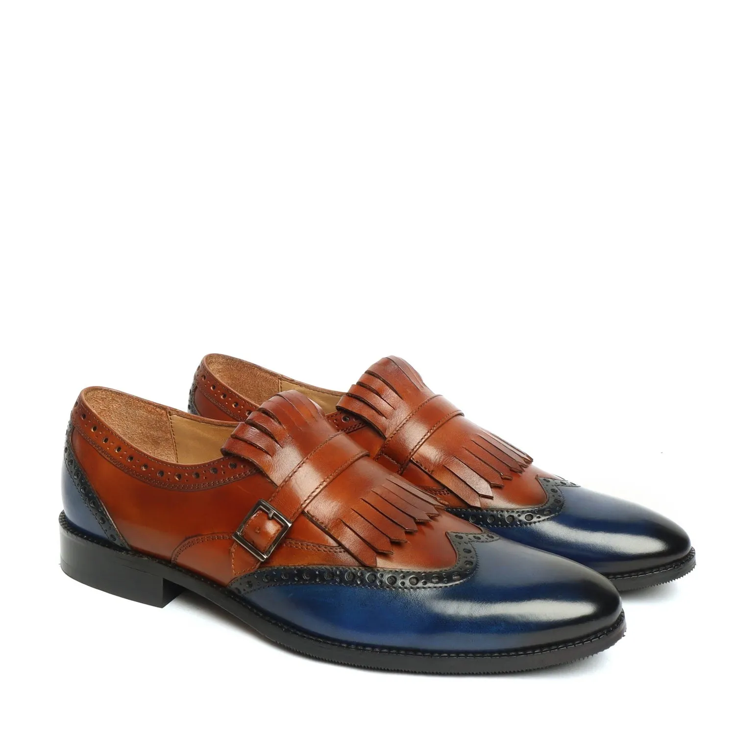 Tan/Blue Leather Fringed Single Monk Strap Shoes By Brune & Bareskin Office use