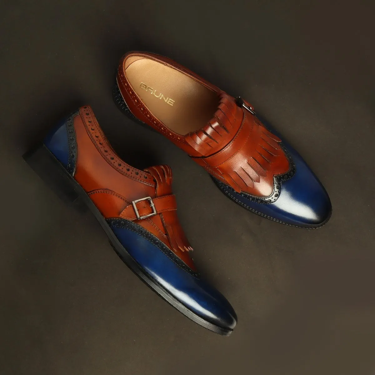 Stretchable Material Tan/Blue Leather Fringed Single Monk Strap Shoes By Brune & Bareskin
