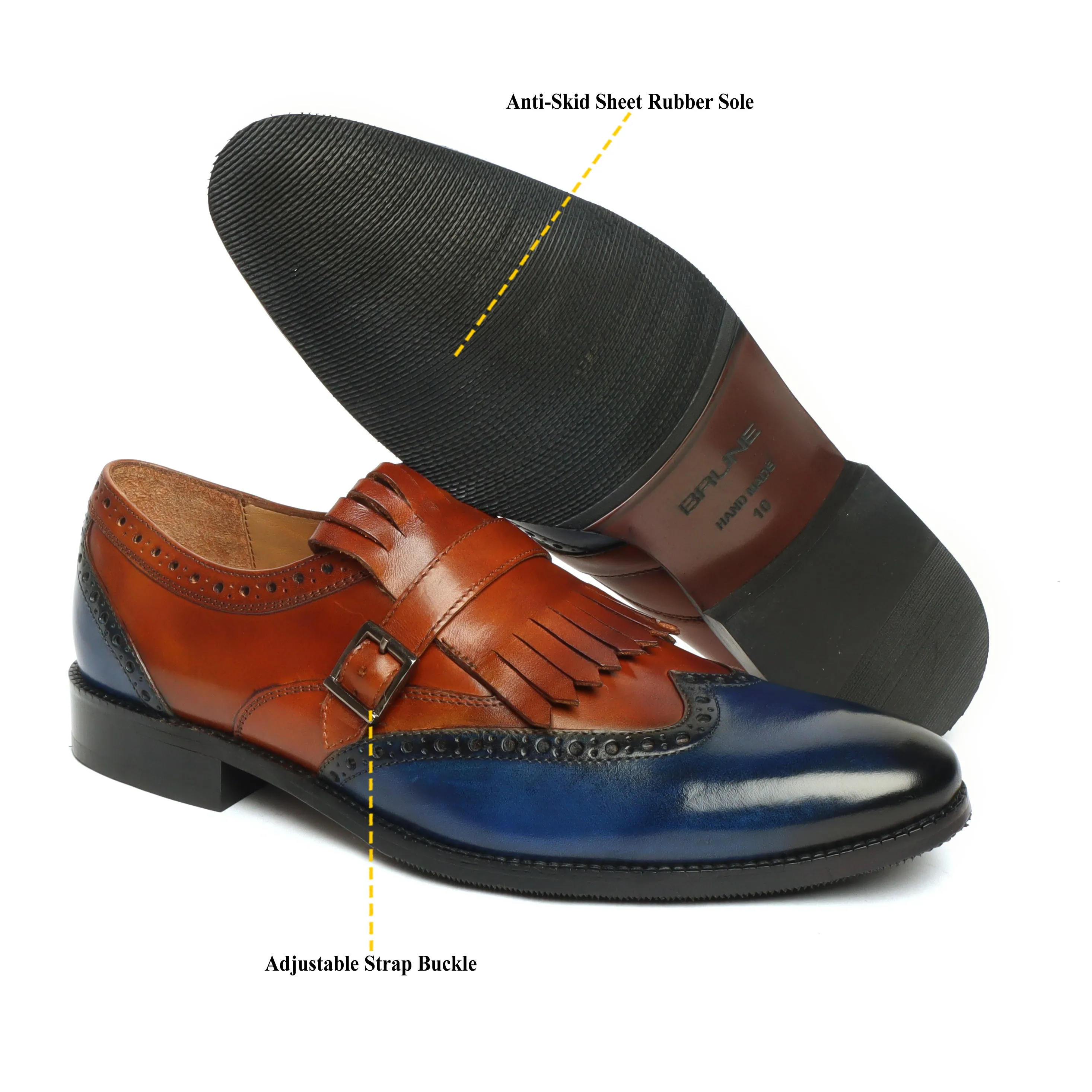 Guest Look Center Stage Tan/Blue Leather Fringed Single Monk Strap Shoes By Brune & Bareskin