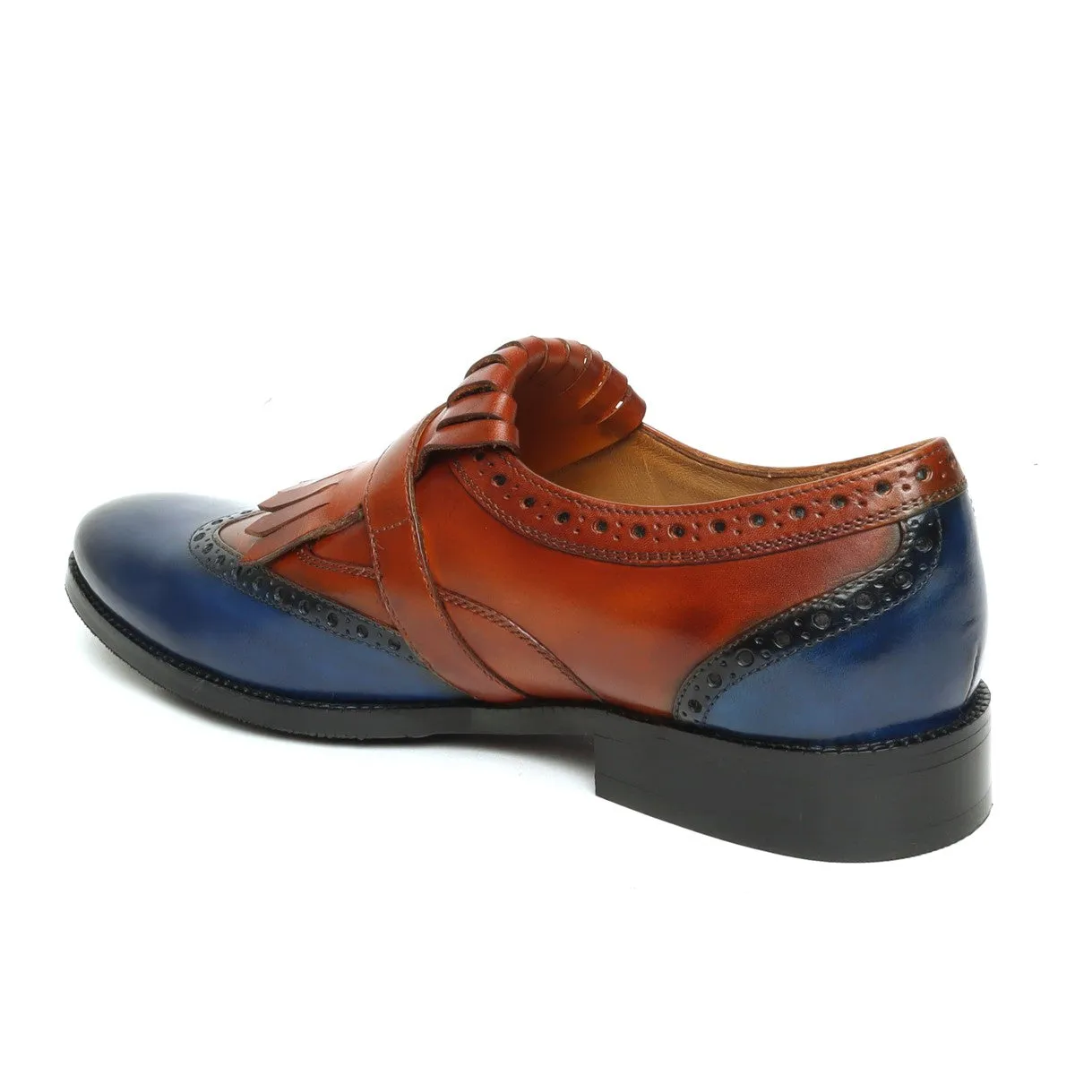 Tan/Blue Leather Fringed Single Monk Strap Shoes By Brune & Bareskin Nordic style