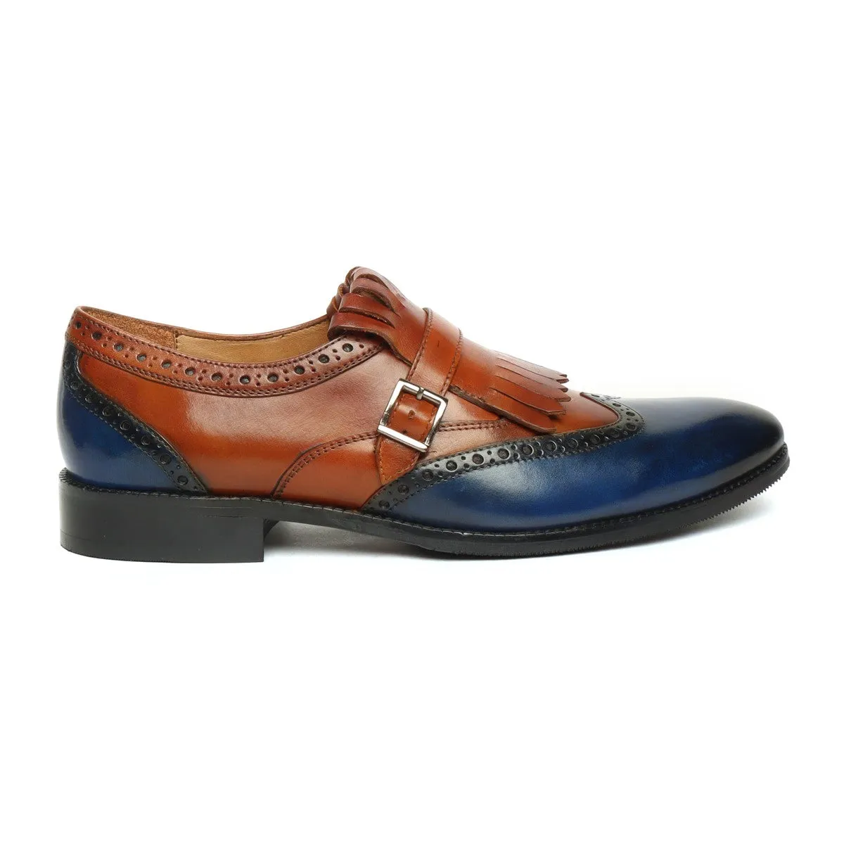 Timeless Style Tan/Blue Leather Fringed Single Monk Strap Shoes By Brune & Bareskin