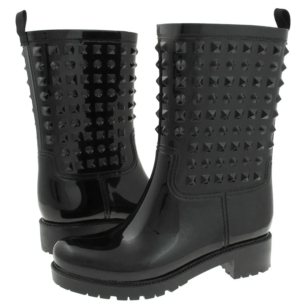 Ladies Shiny Solid Studded Mid-Calf Jelly Rain Boot Heavy Duty Walk Spring Ready