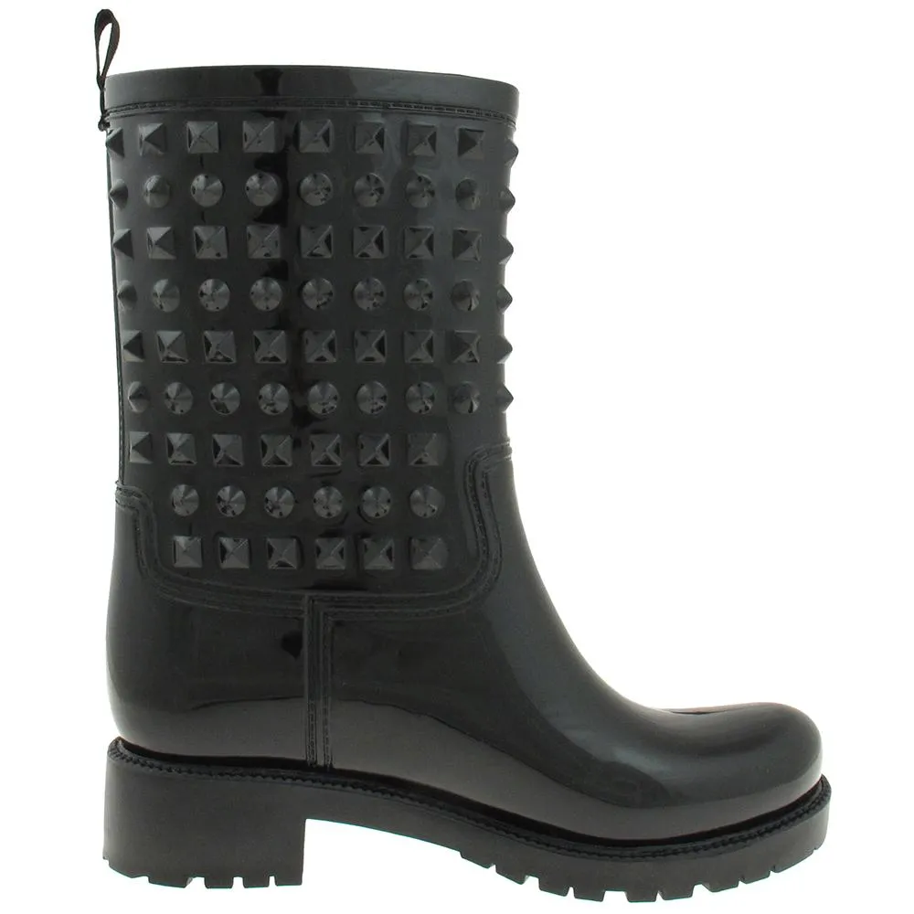 Ladies Shiny Solid Studded Mid-Calf Jelly Rain Boot Comfy Boots for All Weather Quick Step Fit Boots