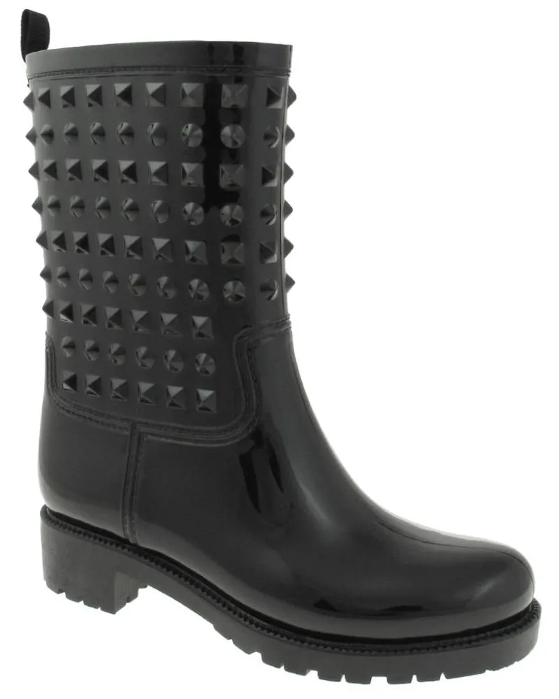 Ladies Shiny Solid Studded Mid-Calf Jelly Rain Boot Waterproof Walking All Weather Boot