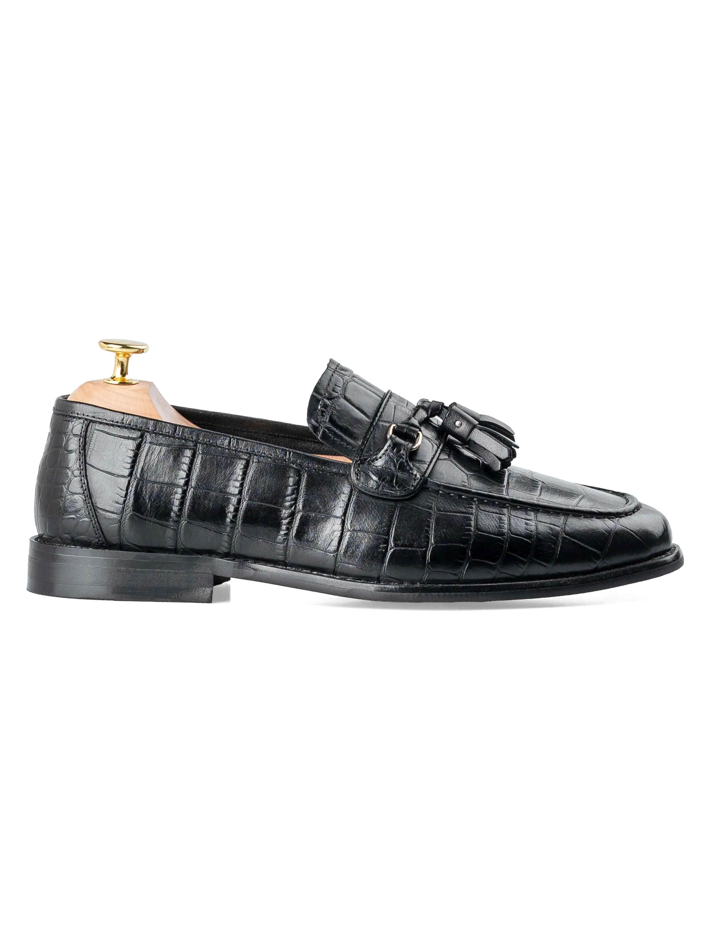 Soft Insole Slip-ons Firm Path Dario Tassel Loafer - Black Croco Polished Leather