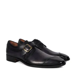 Laser Engraved Single Monk Formal Shoes in  Grey Leather Slant Cap Toe Top Line By Brune & Bareskin Dance Scene