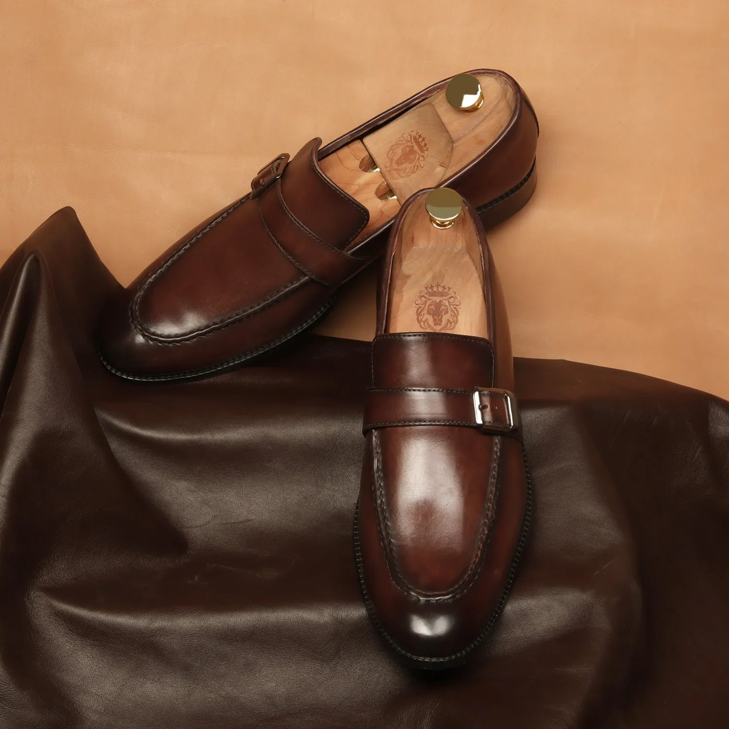 Soft Sock Low Cut Single Monk Dark Brown Leather Apron Toe Buckle Strap Slip-On Shoe For Men By Brune & Bareskin