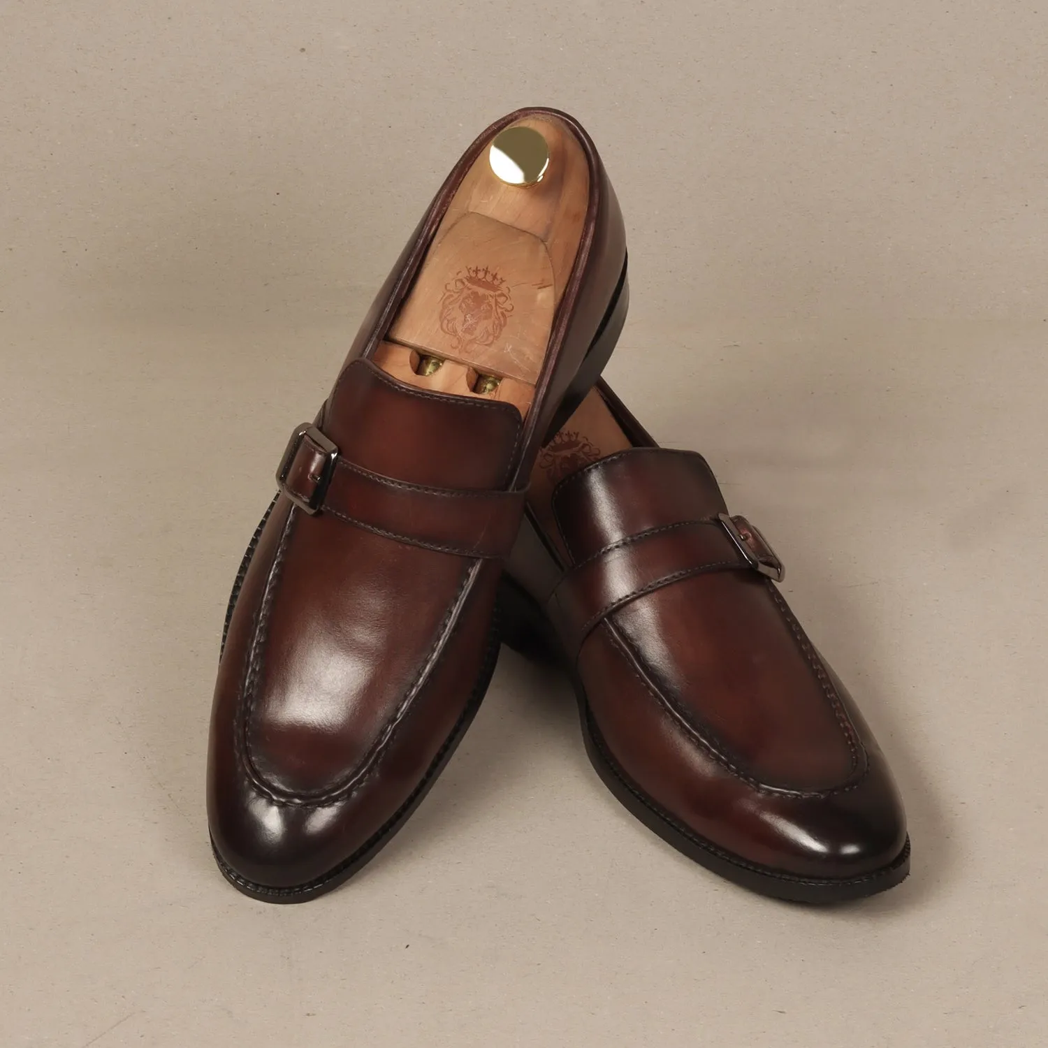 Single Monk Dark Brown Leather Apron Toe Buckle Strap Slip-On Shoe For Men By Brune & Bareskin Italian Edge Full Grain Leather