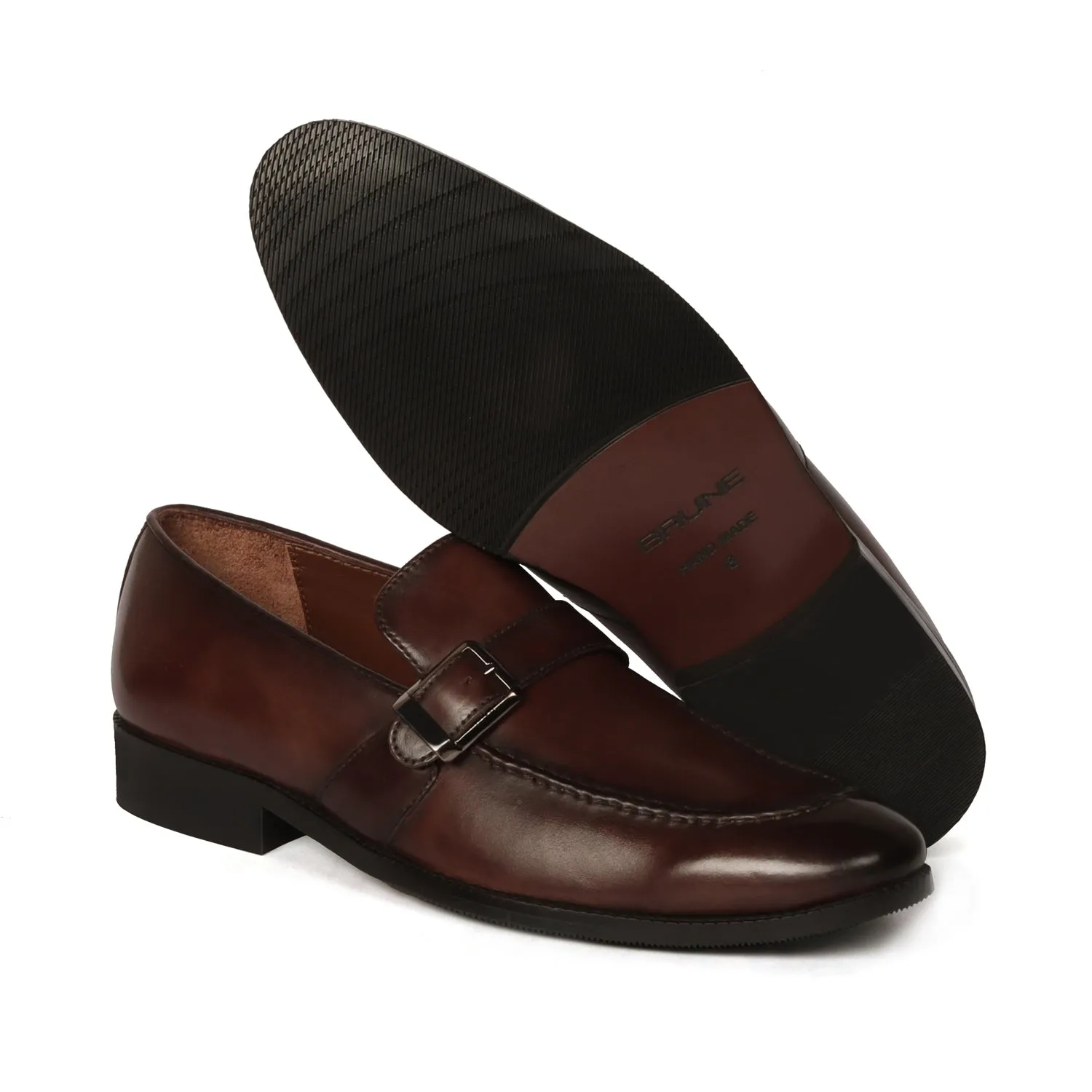 Opulent Fit Single Monk Dark Brown Leather Apron Toe Buckle Strap Slip-On Shoe For Men By Brune & Bareskin