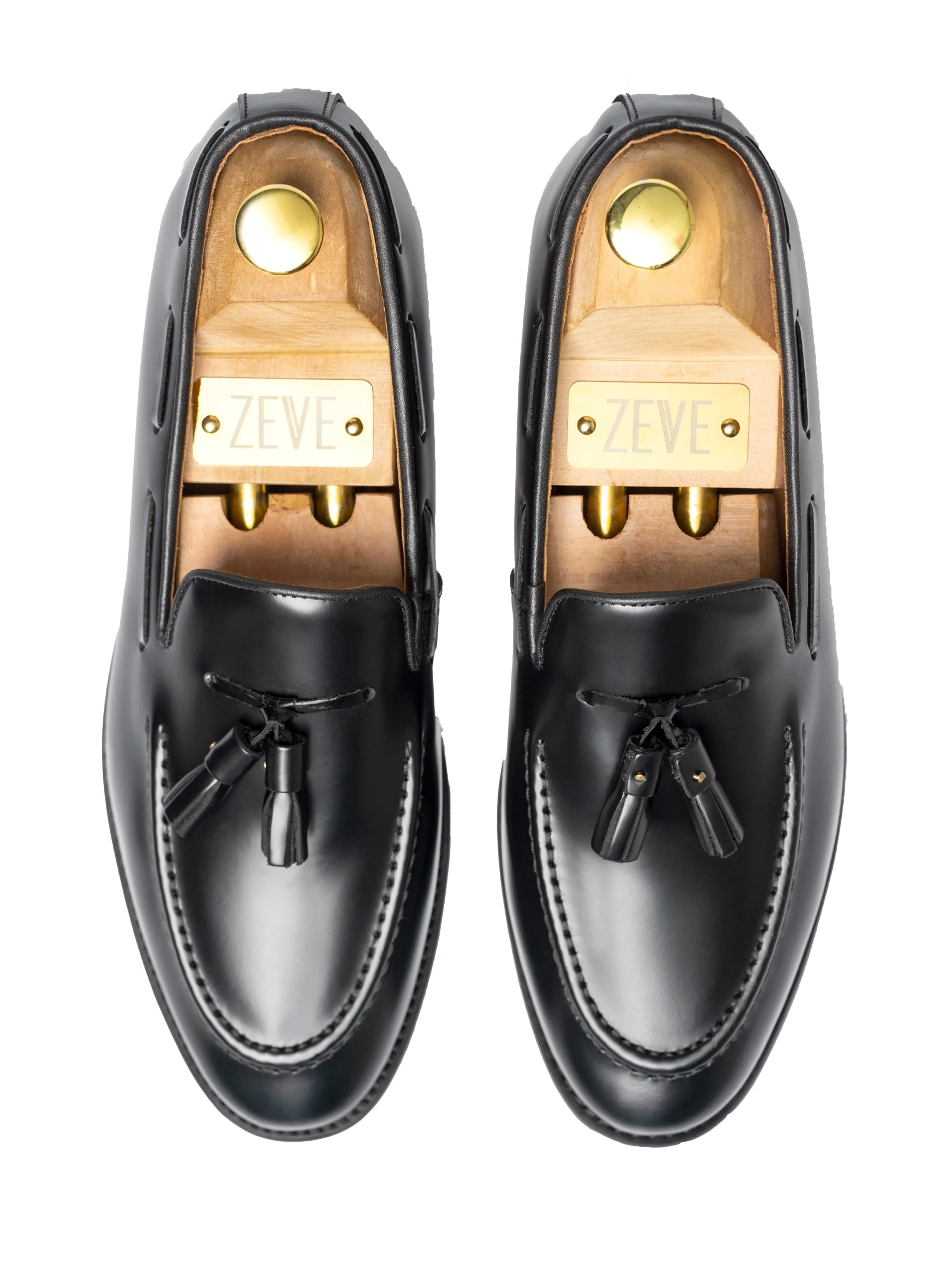 Premium Leather Shoes Gentle Support Tassel Loafer - Black Polished Leather
