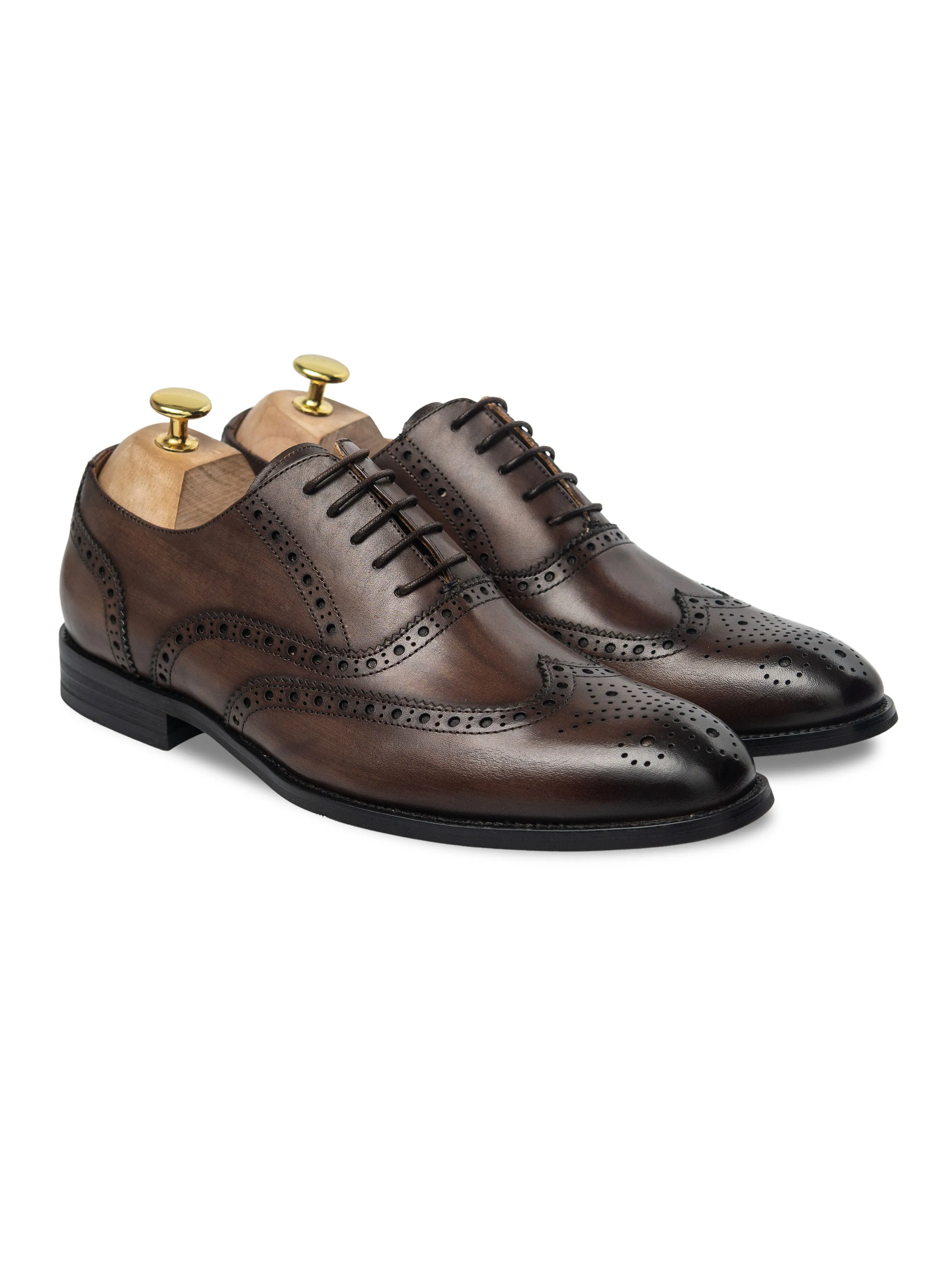 Classic Oxford Brogue Wingtip - Dark Brown Lace Up (Hand Painted Patina) Smart Walking Shoes