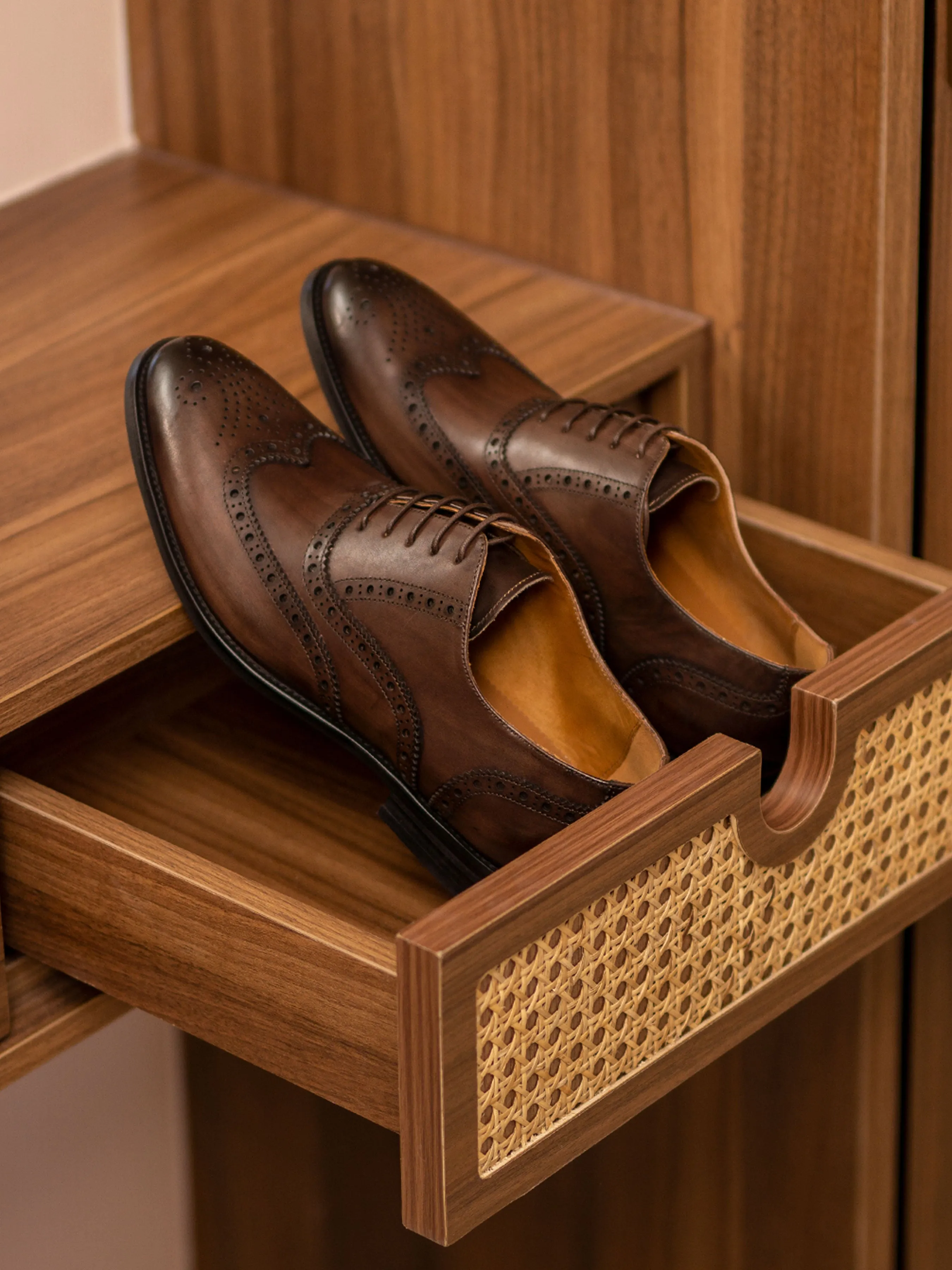 Classic Oxford Brogue Wingtip - Dark Brown Lace Up (Hand Painted Patina) Leather Style Smart Slip On