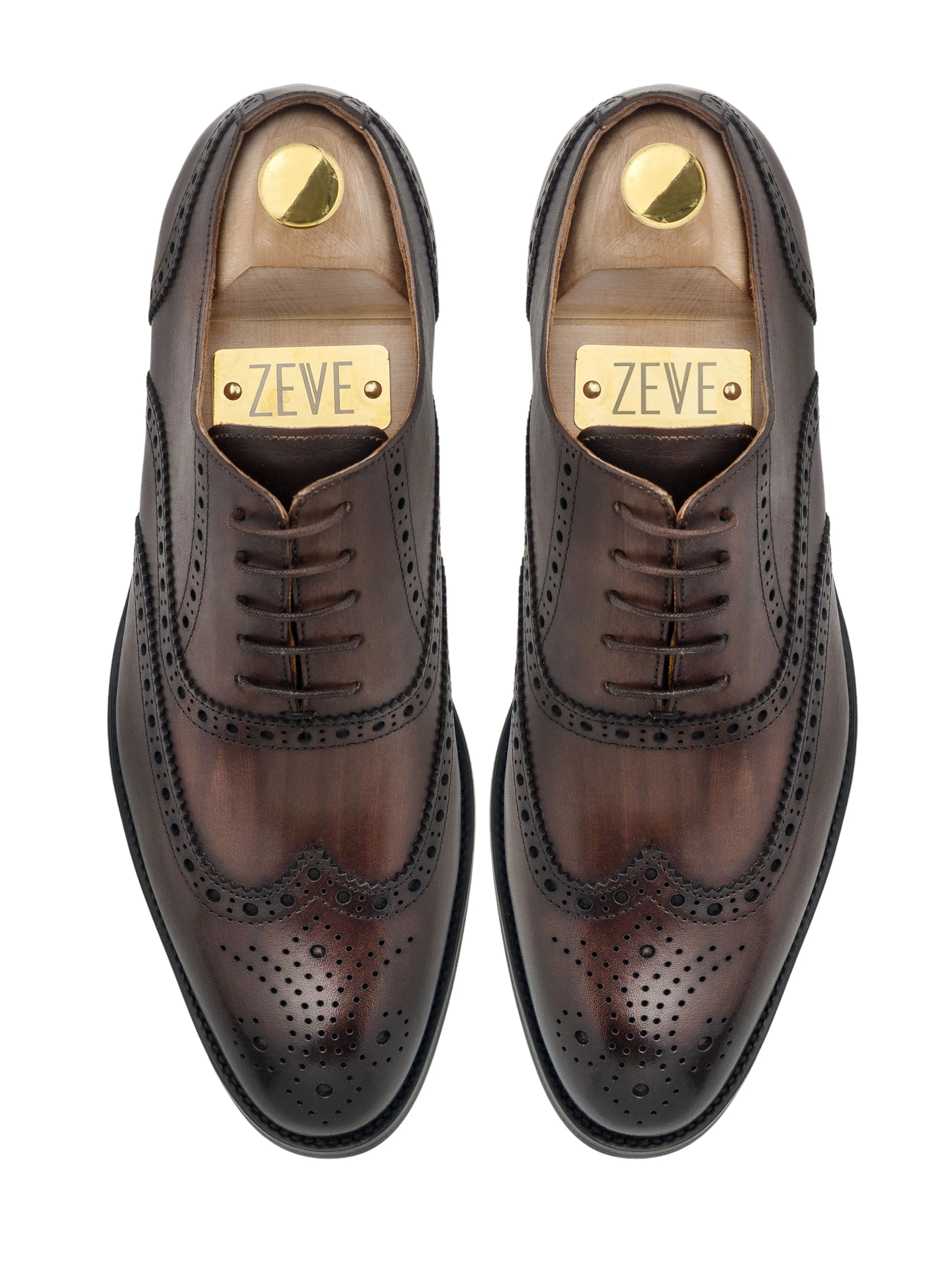 Reinforced toe Classic Oxford Brogue Wingtip - Dark Brown Lace Up (Hand Painted Patina)