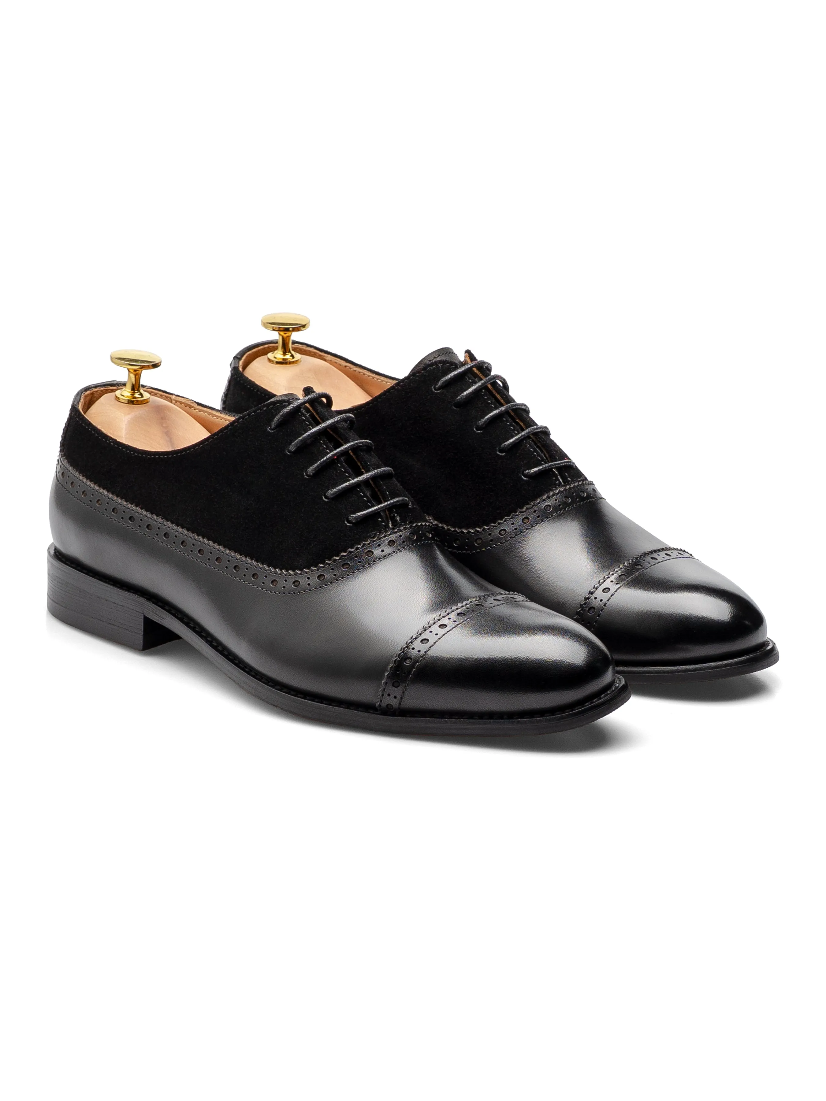 Cavallo Oxford Cap Toe - Solid Black & Suede Leather Chic Fit
