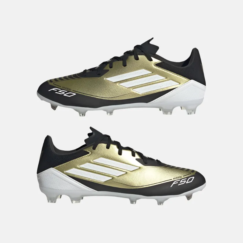 Adidas F50 League Messi Firm Unisex Football Ground Shoes -Gold Metallic/Cloud White/Core Black Ankle Lock Youth Power