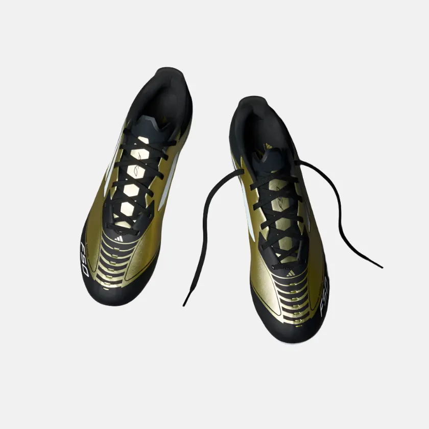Adidas F50 League Messi Firm Unisex Football Ground Shoes -Gold Metallic/Cloud White/Core Black Ankle Stability Turning Agility