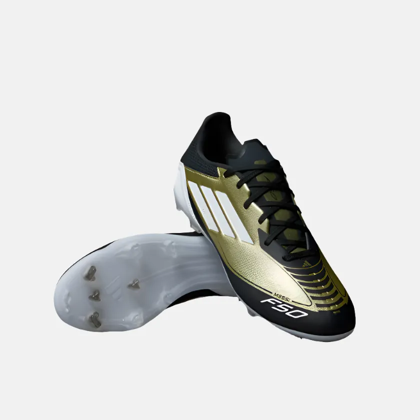 Adidas F50 League Messi Firm Unisex Football Ground Shoes -Gold Metallic/Cloud White/Core Black Indoor Match Game Agility