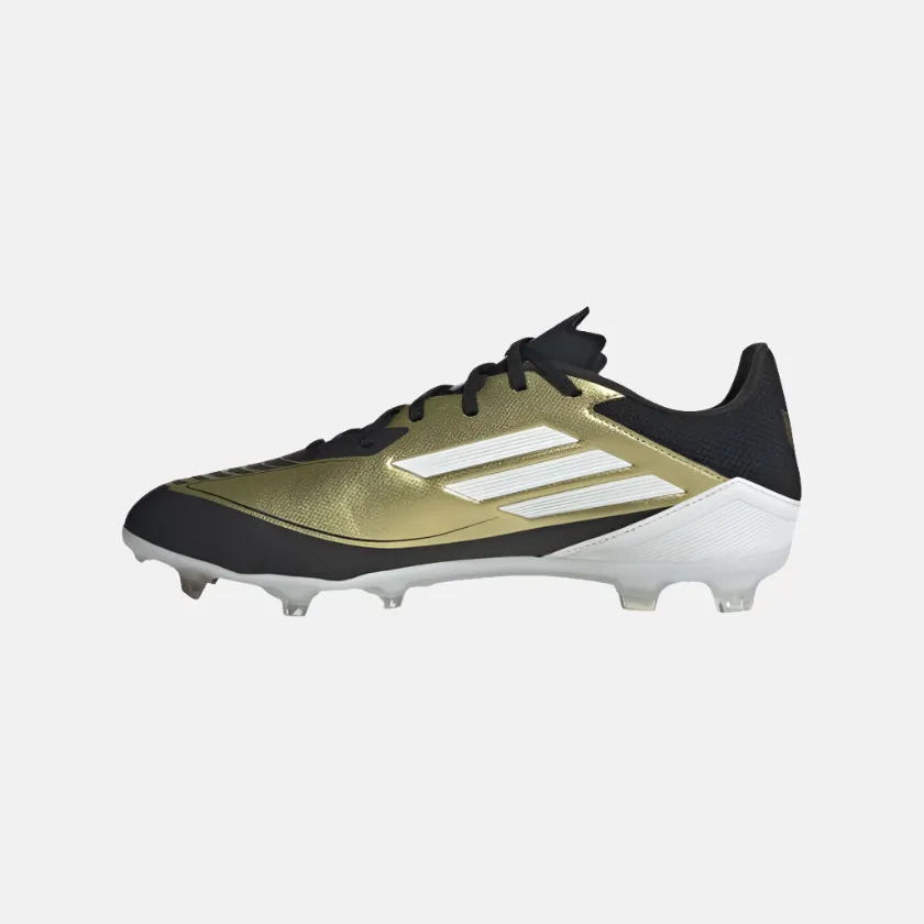 Back Heel Adidas F50 League Messi Firm Unisex Football Ground Shoes -Gold Metallic/Cloud White/Core Black