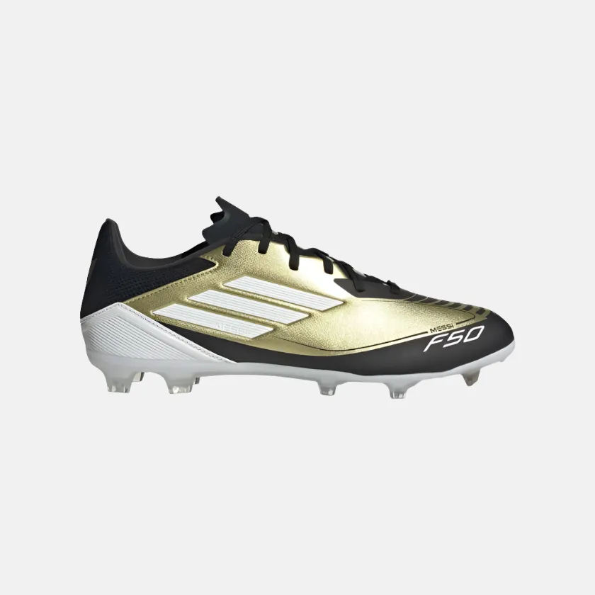 School Match grass fields Adidas F50 League Messi Firm Unisex Football Ground Shoes -Gold Metallic/Cloud White/Core Black