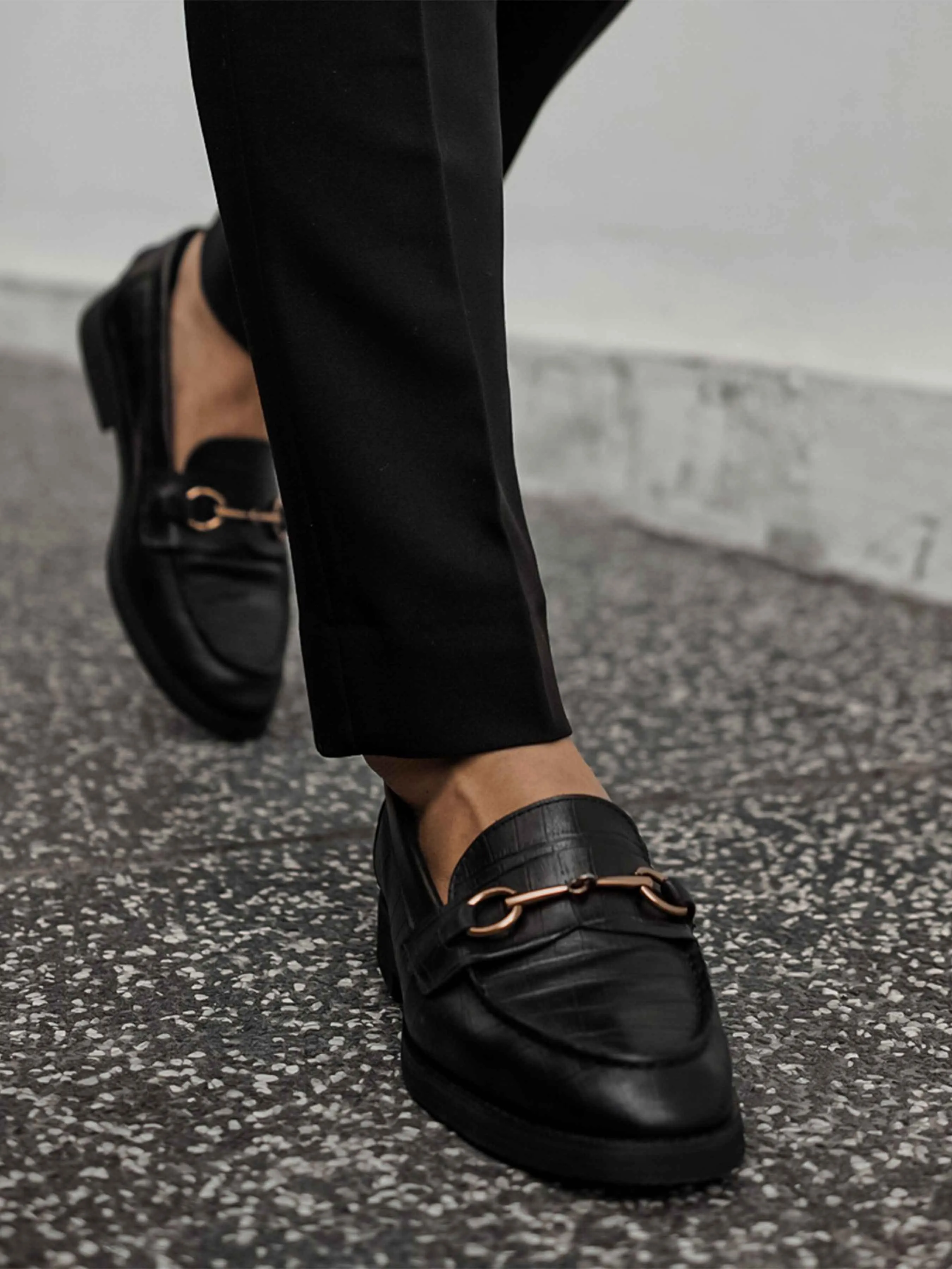 Penny Loafer Horsebit Buckle - Black Croco Leather (Crepe Sole) Toe Smooth