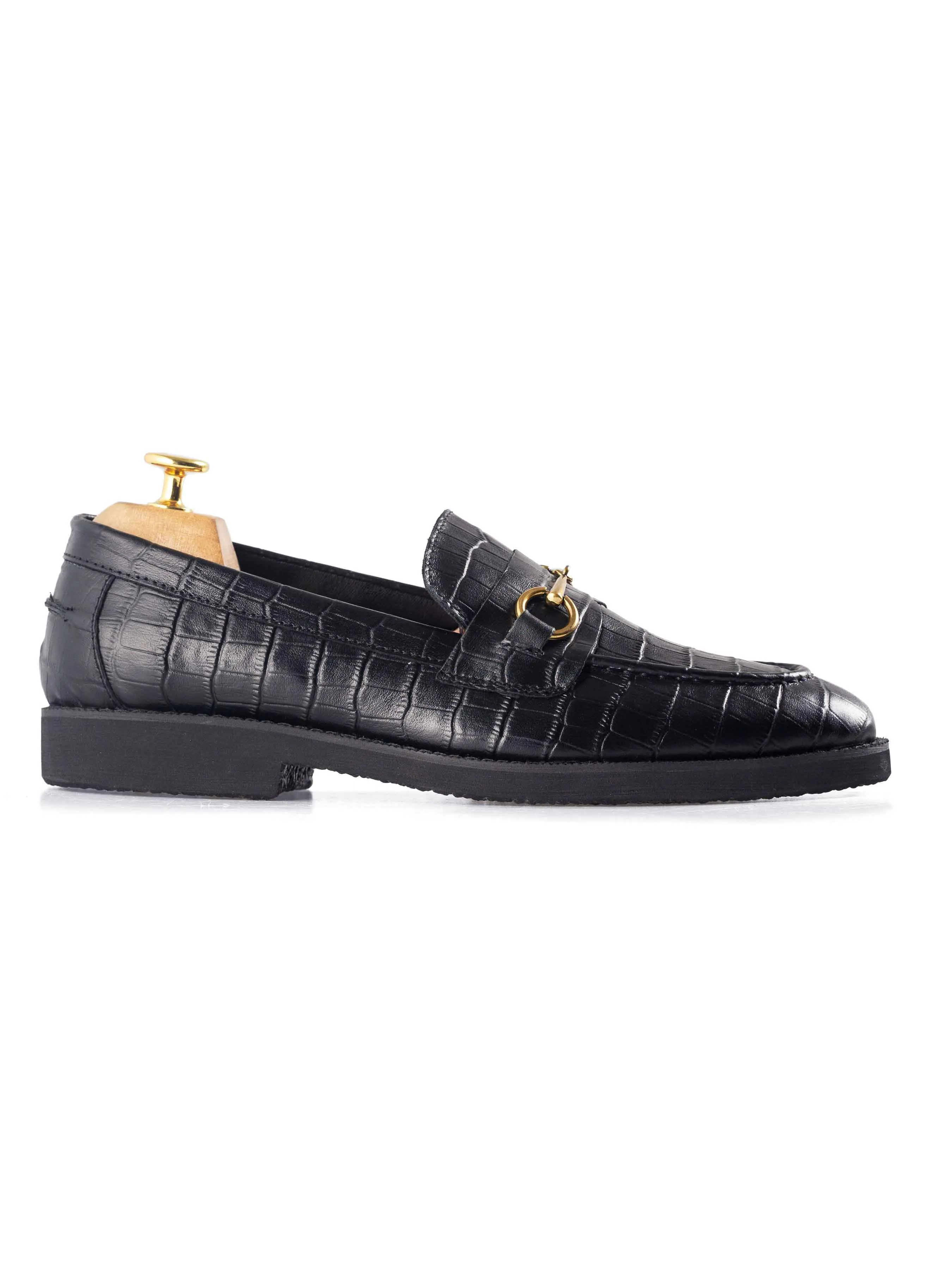 Penny Loafer Horsebit Buckle - Black Croco Leather (Crepe Sole) Stylish Padding Heel Power