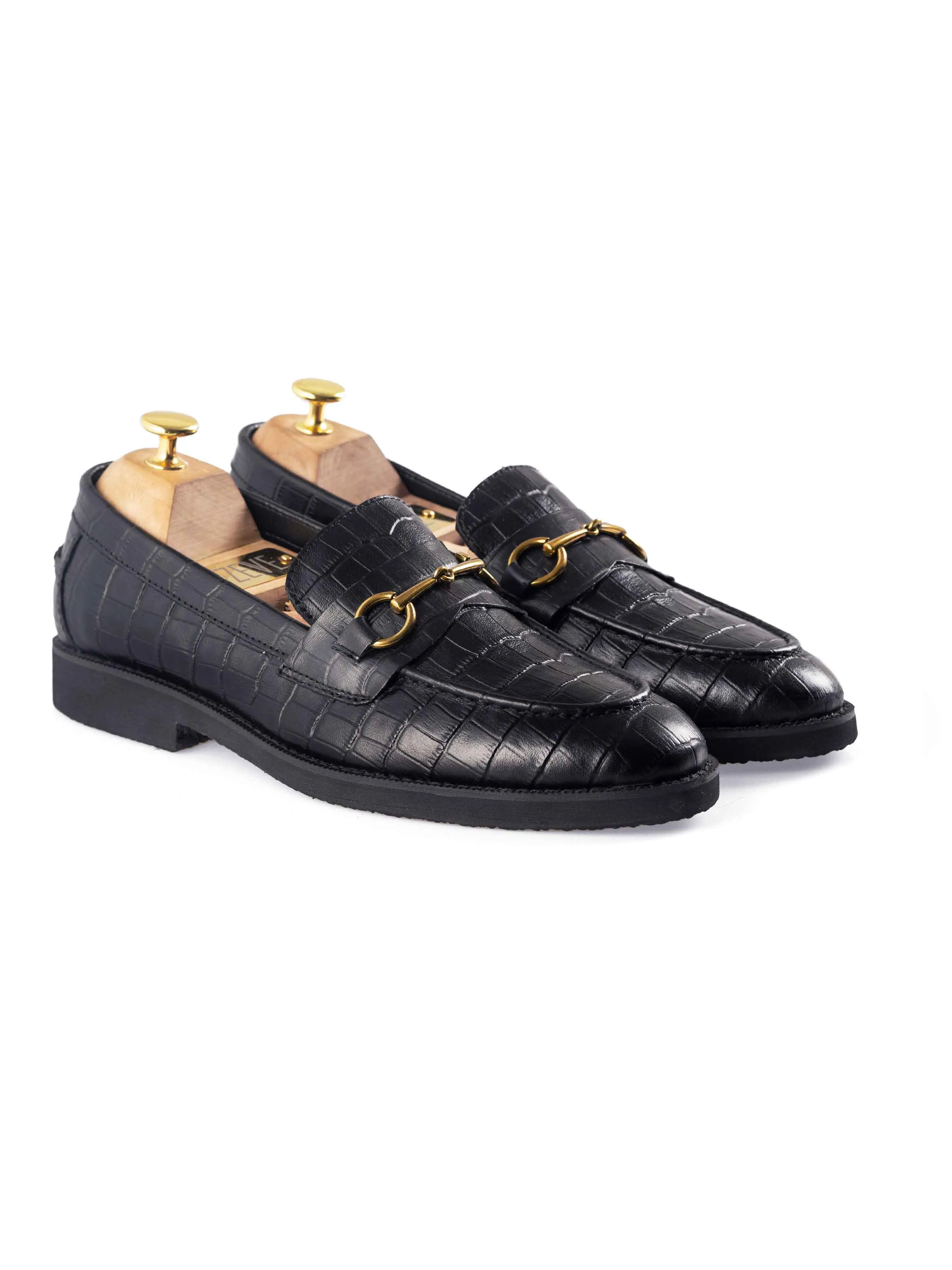 Non Slip Modern Design Penny Loafer Horsebit Buckle - Black Croco Leather (Crepe Sole)