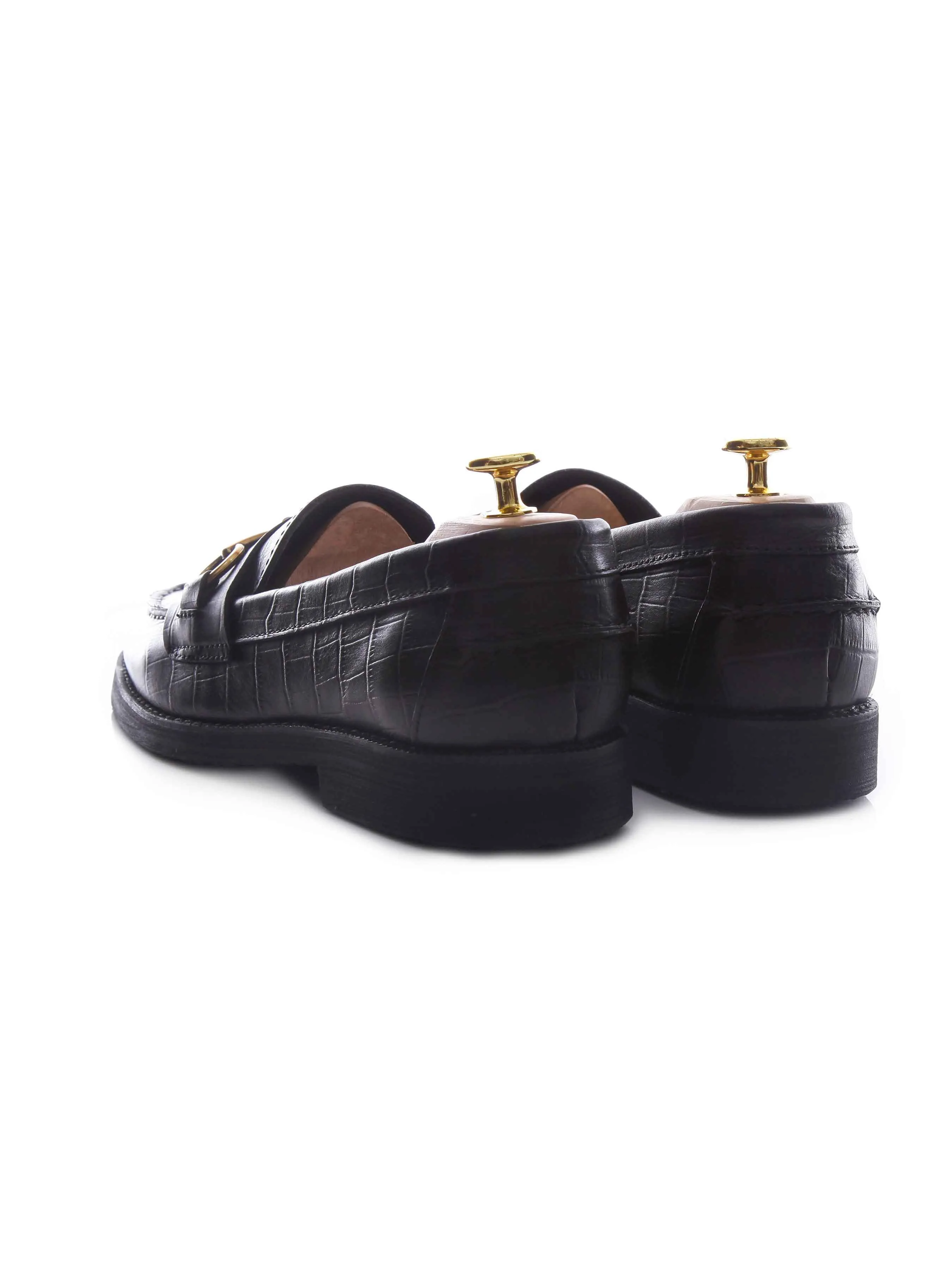 Cushioned heel Penny Loafer Horsebit Buckle - Black Croco Leather (Crepe Sole)