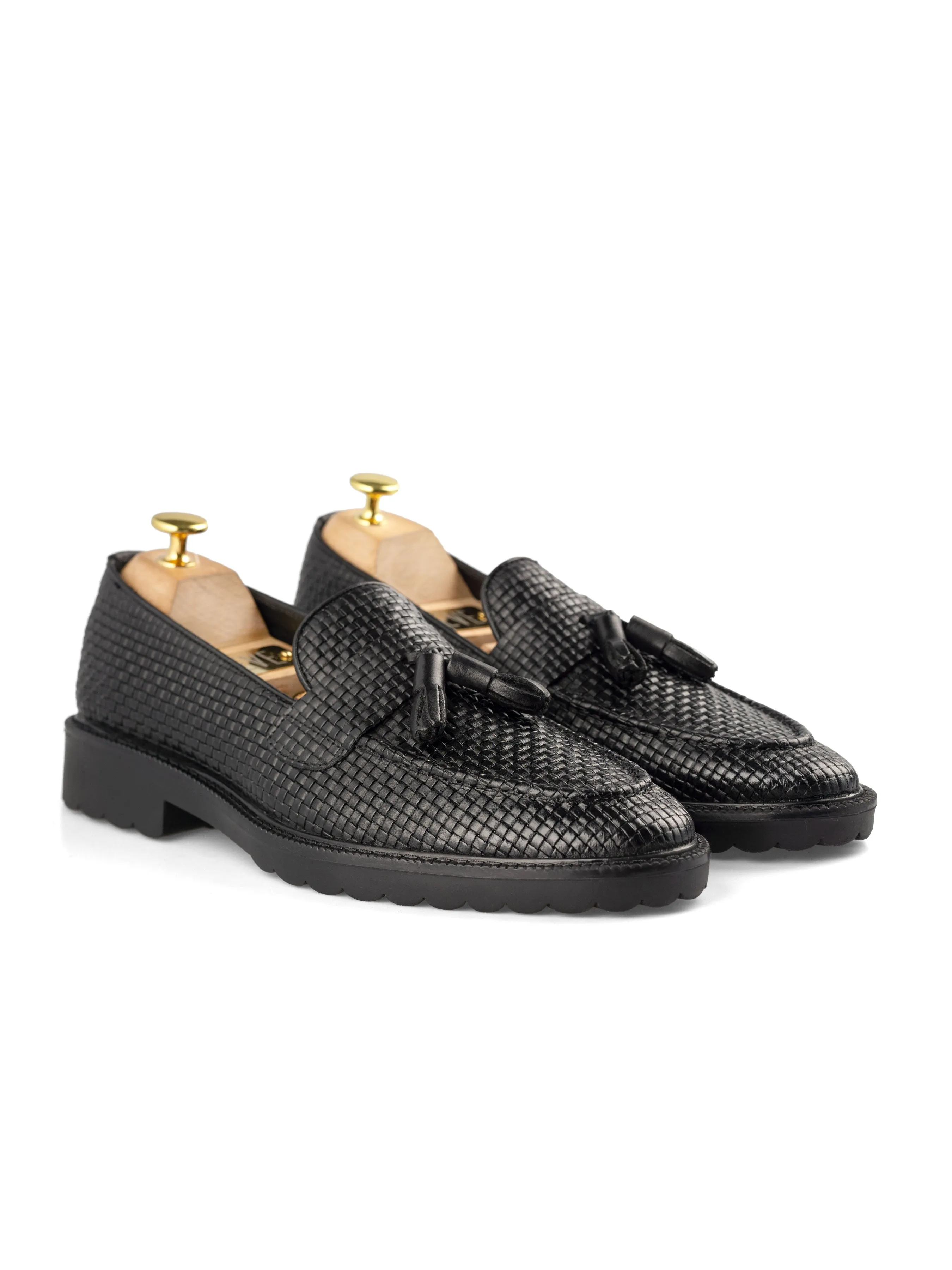 Fashion Trend Rocky Tassel Loafer - Black Woven Leather (Combat Sole)