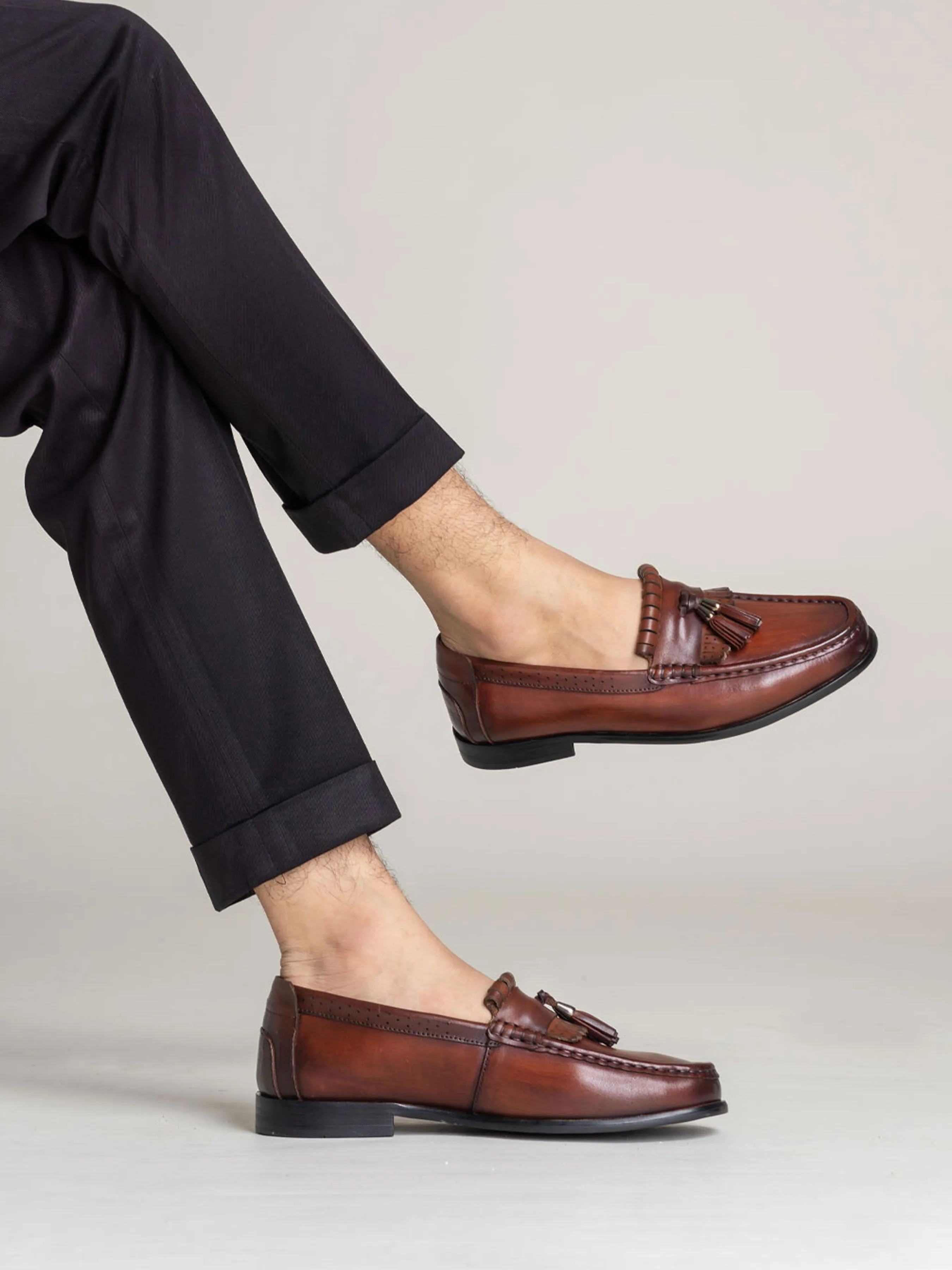 Fringe Classic Loafer - Cognac Tan with Tassel (Hand Painted Patina) Comfortable Casual Fit Durable Footwear