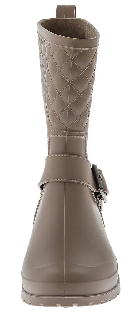 Ladies Matte Solid Taupe Quilted Mid-Calf Rain Boot Anti Slip Sole Outdoor Weather Protection