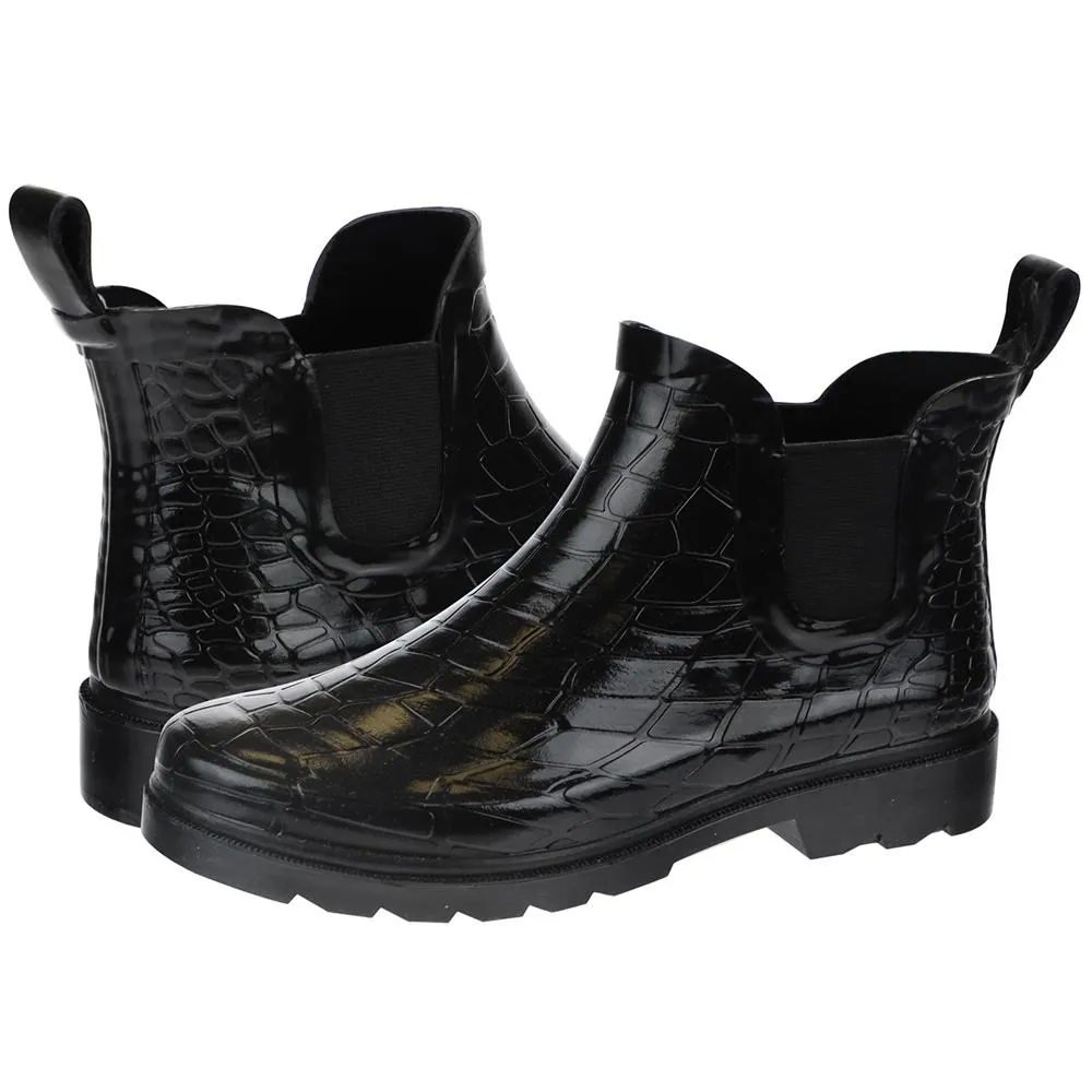 outdoor durability Heavy Weather Boots Ladies Shiny Croco Embossed Short Rain Boot